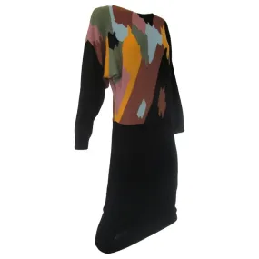 1970s Adolfo Black with Abstract Earth Tones Knit Midi Sweater Dress