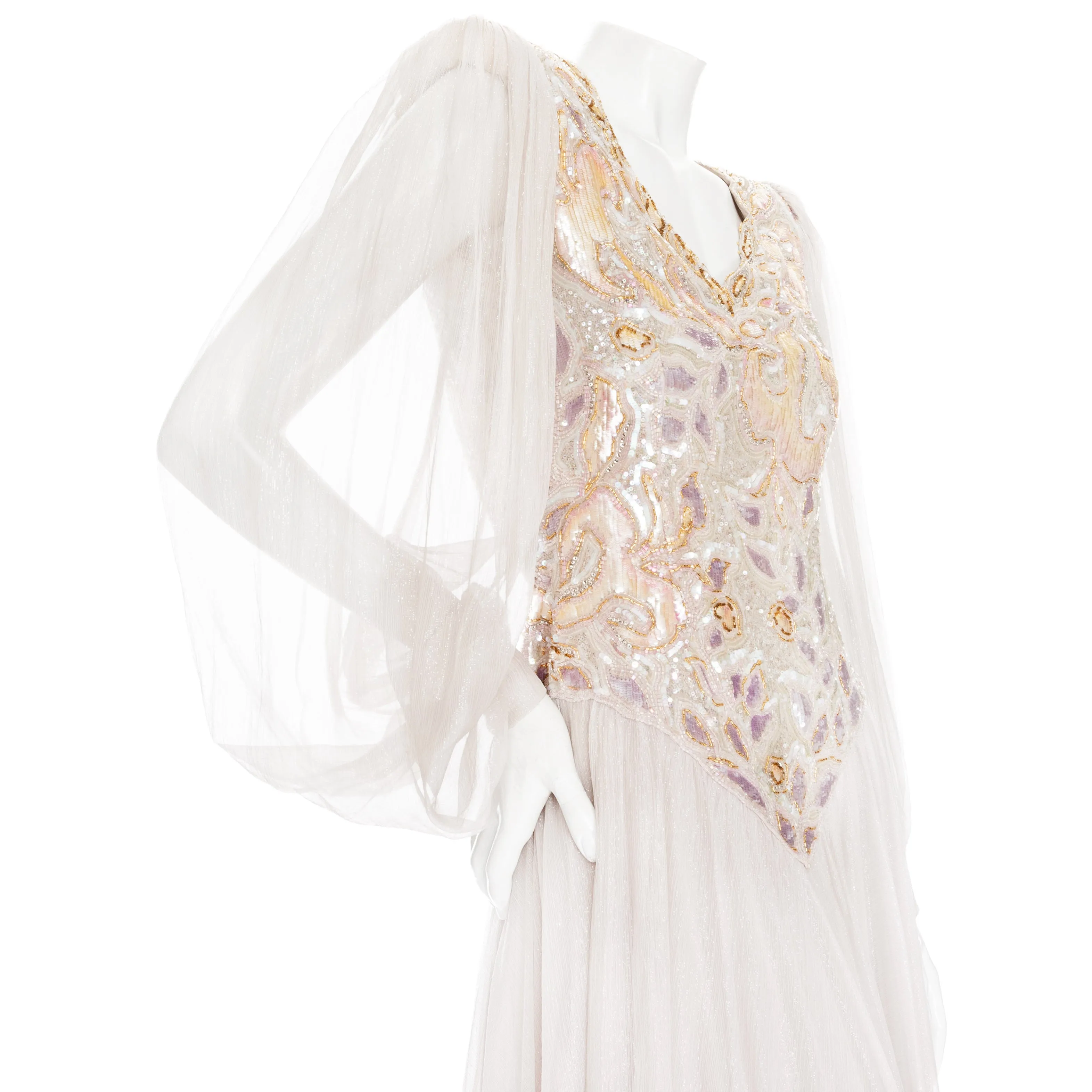 1980s Shimmer Silk Chiffon Sequin Handkerchief Dress