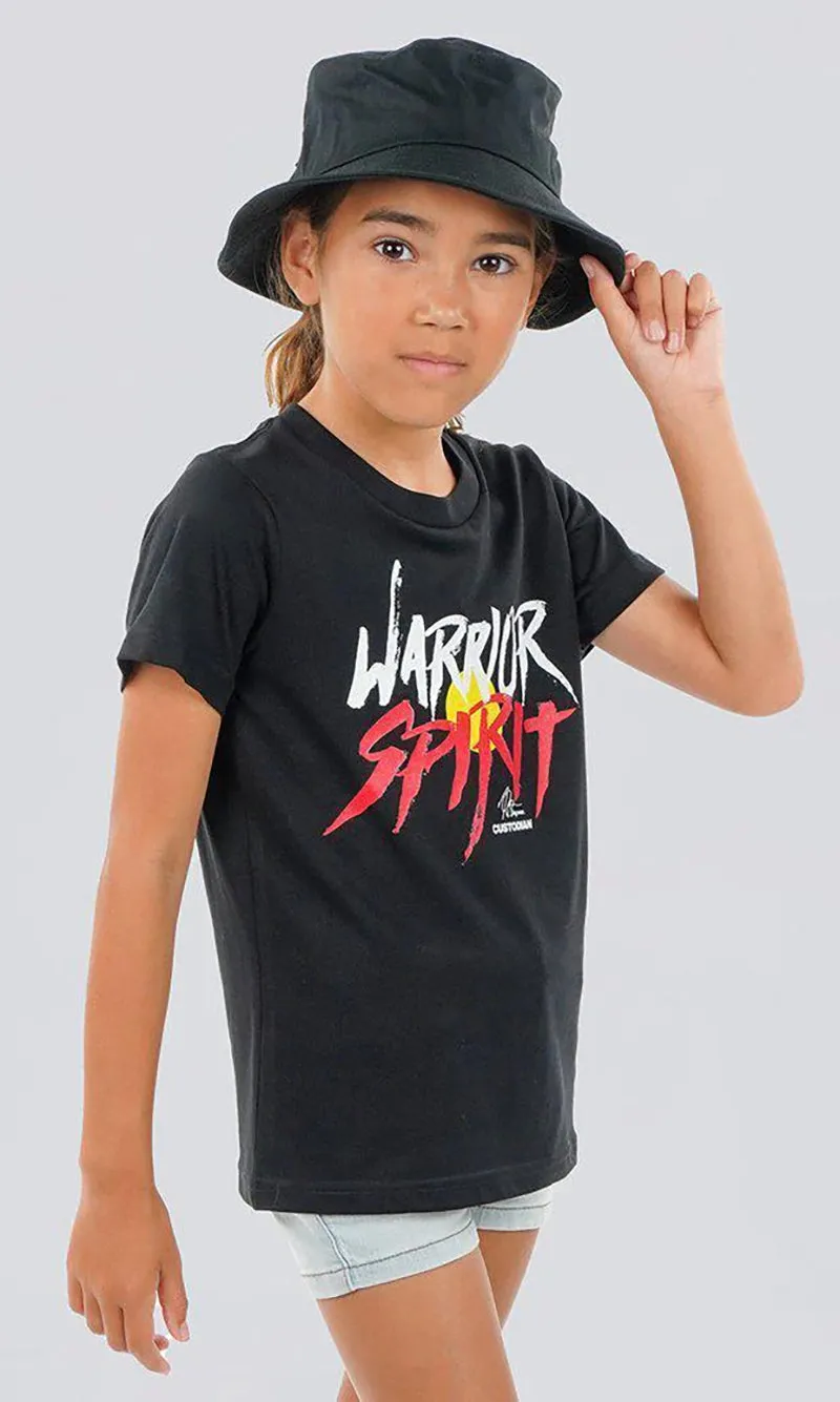 Aboriginal Art Kids T-Shirt Warrior Spirit Black