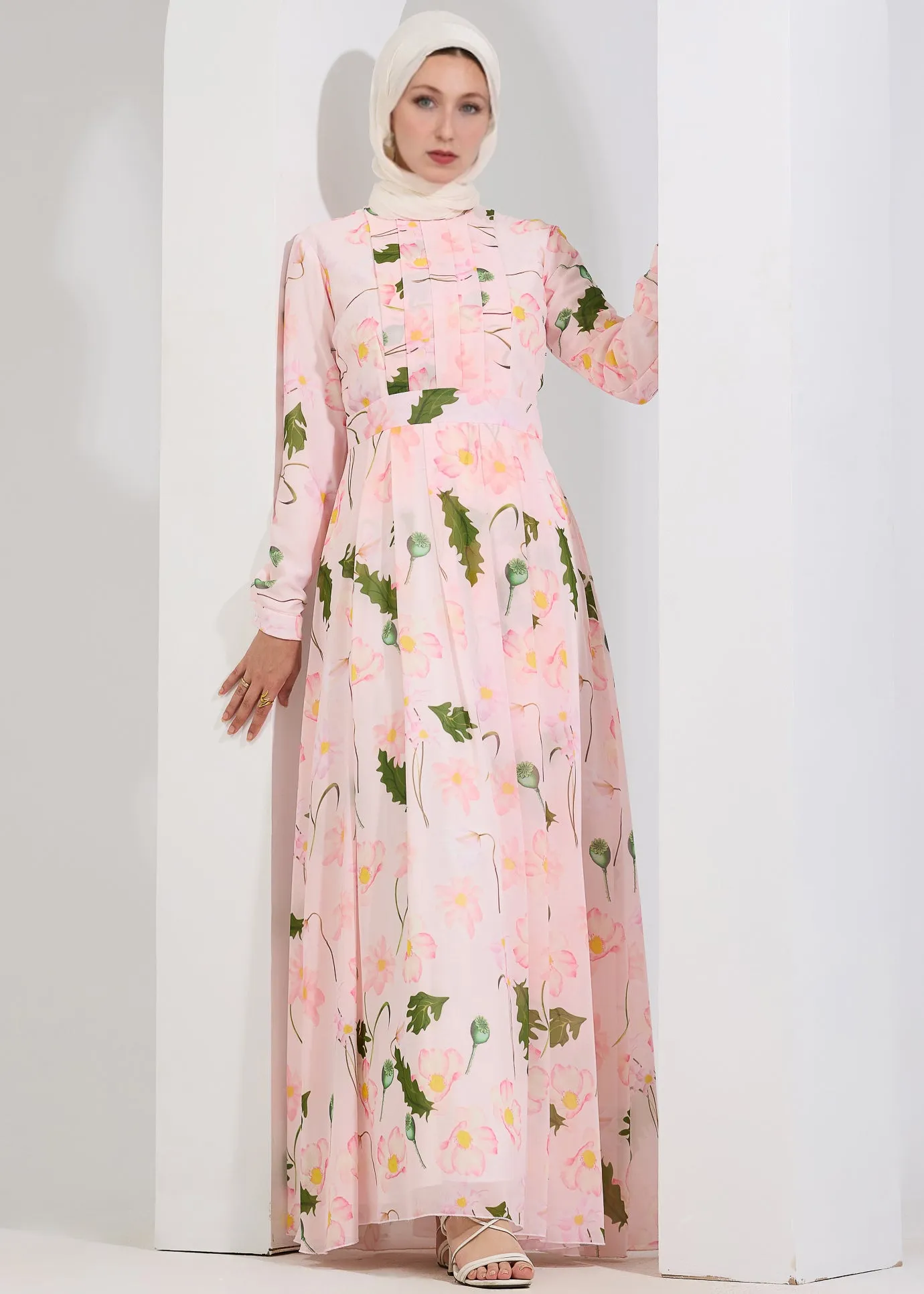 Aisha Enchanted Blossom Chiffon Maxi Dress with Delicate Pleats