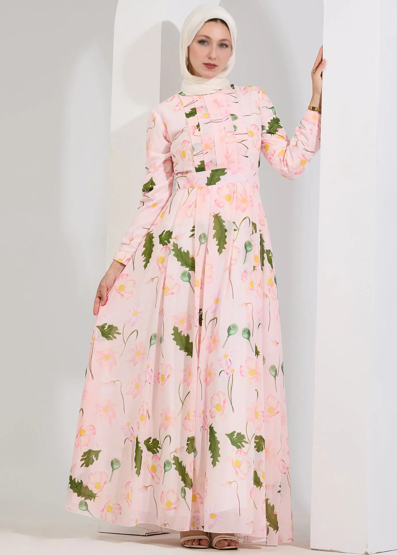 Aisha Enchanted Blossom Chiffon Maxi Dress with Delicate Pleats