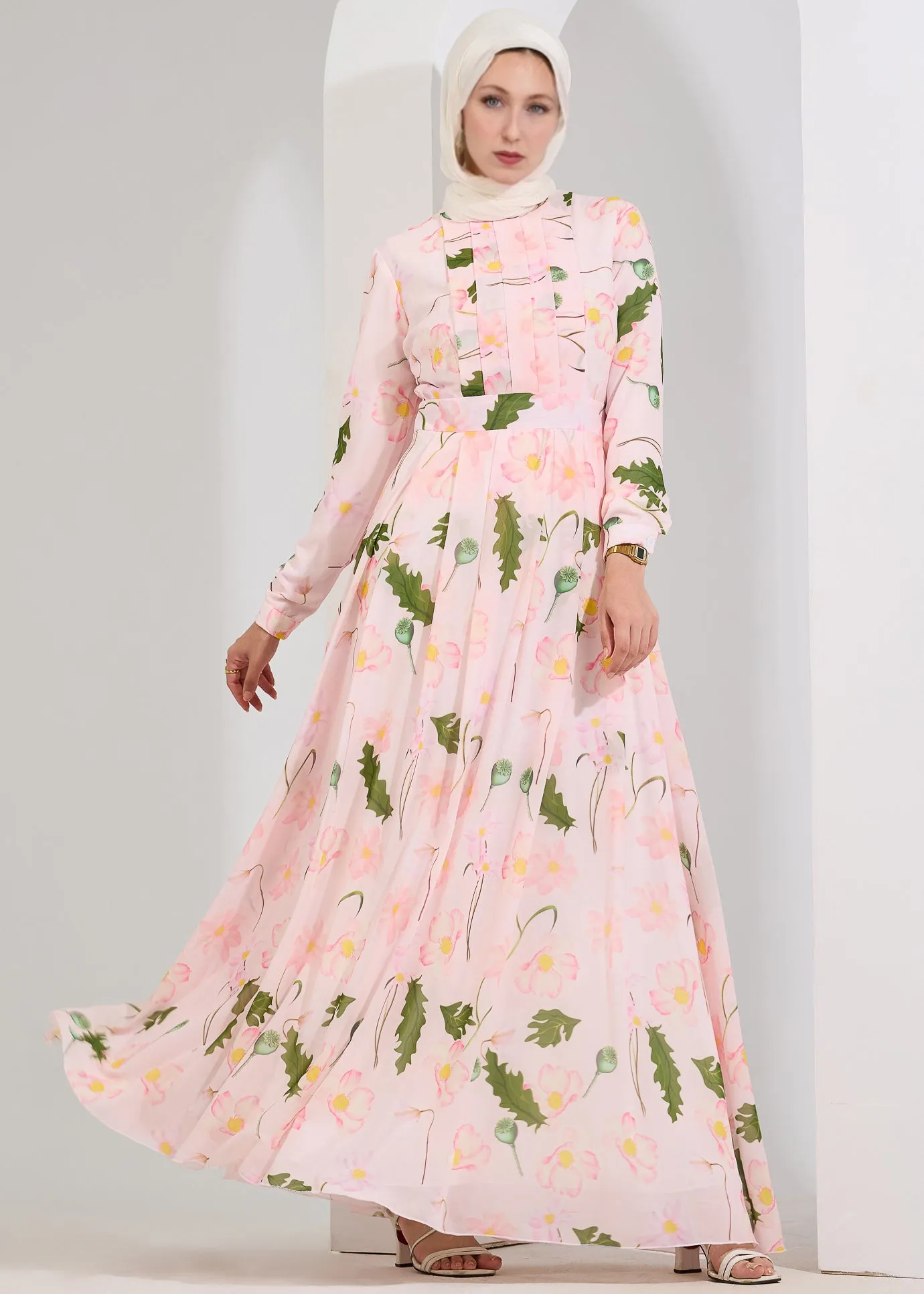 Aisha Enchanted Blossom Chiffon Maxi Dress with Delicate Pleats