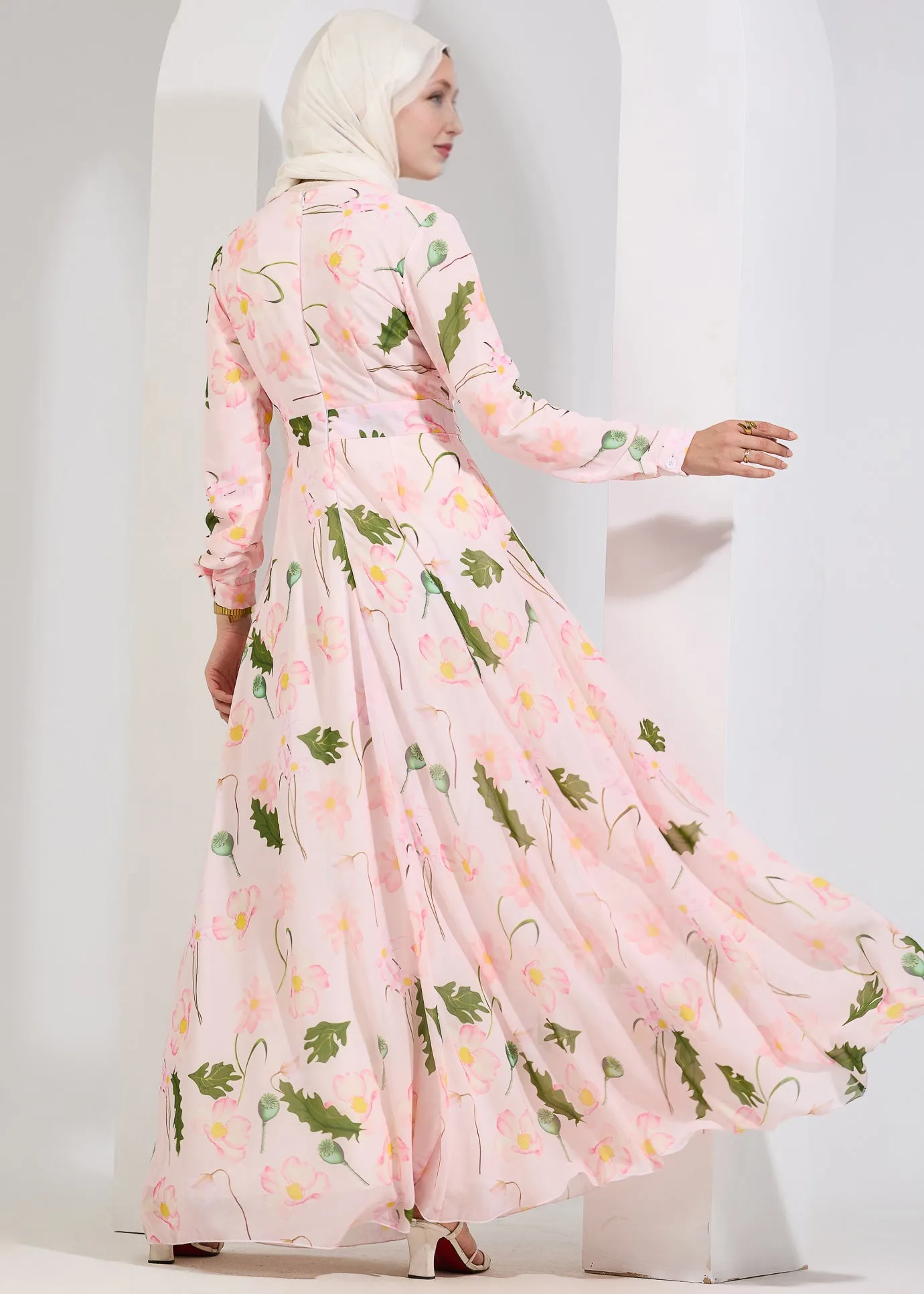 Aisha Enchanted Blossom Chiffon Maxi Dress with Delicate Pleats