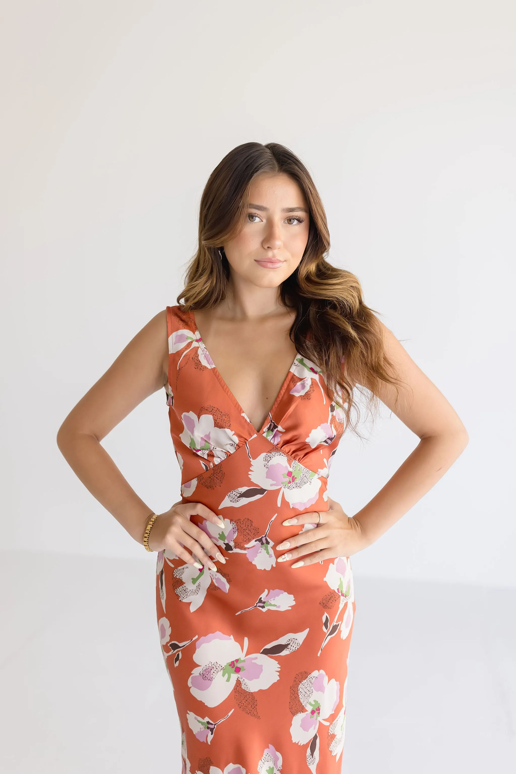 Amber Sleeveless Floral Print Midi Dress Rust