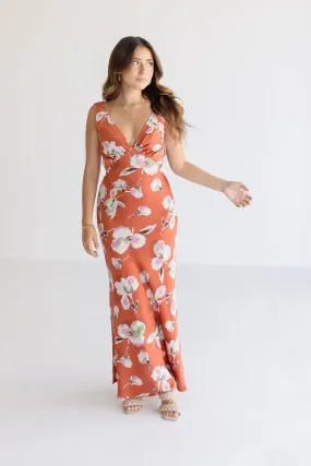 Amber Sleeveless Floral Print Midi Dress Rust