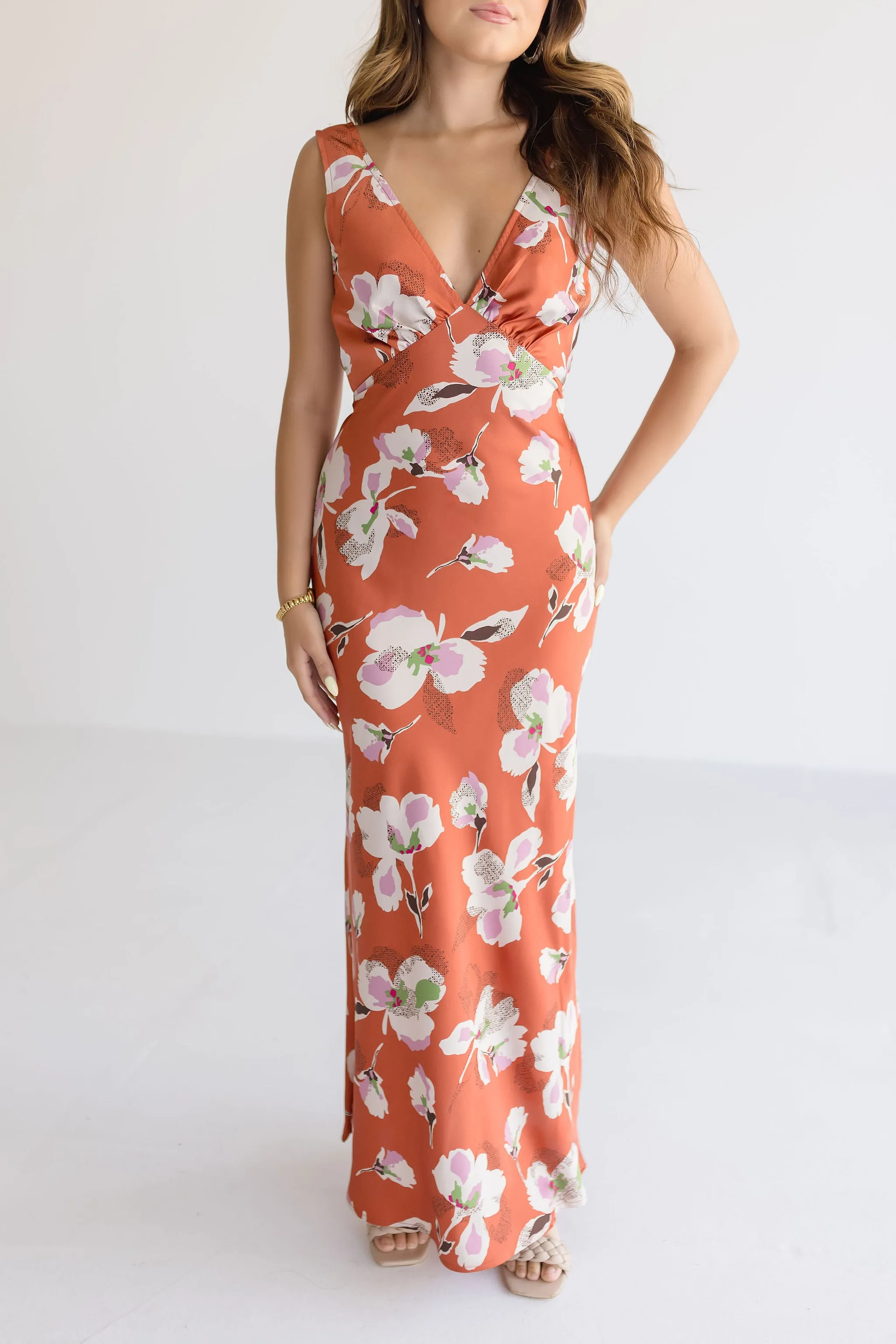 Amber Sleeveless Floral Print Midi Dress Rust