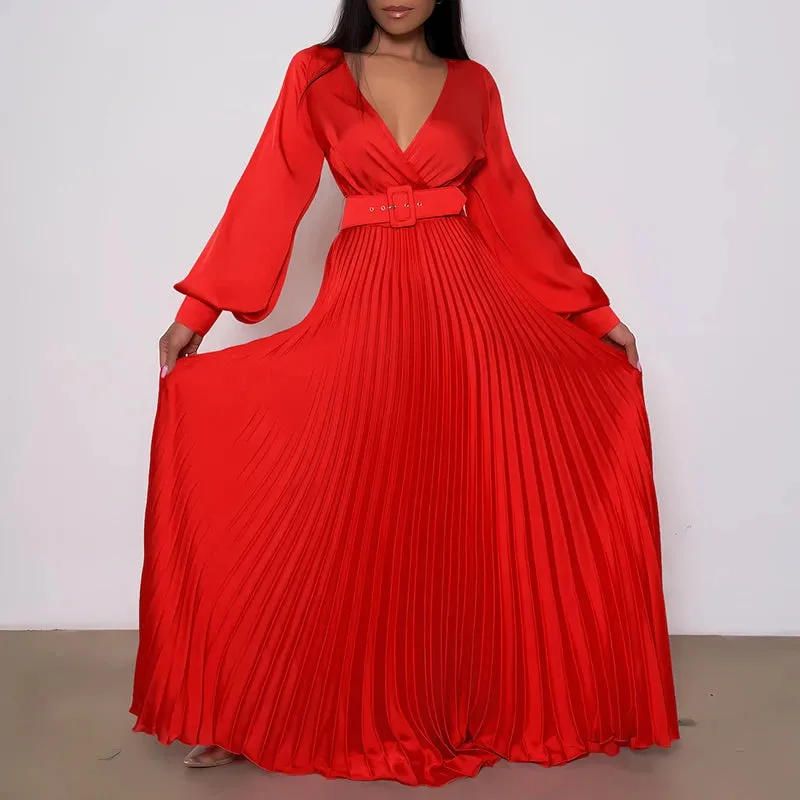 Amozae-Women Sexy Deep V-neck Swing Pleated Long Dress Spring High Waist Tie-up Belted Maxi Dress Autumn Long Sleeve Boho Party Dresses