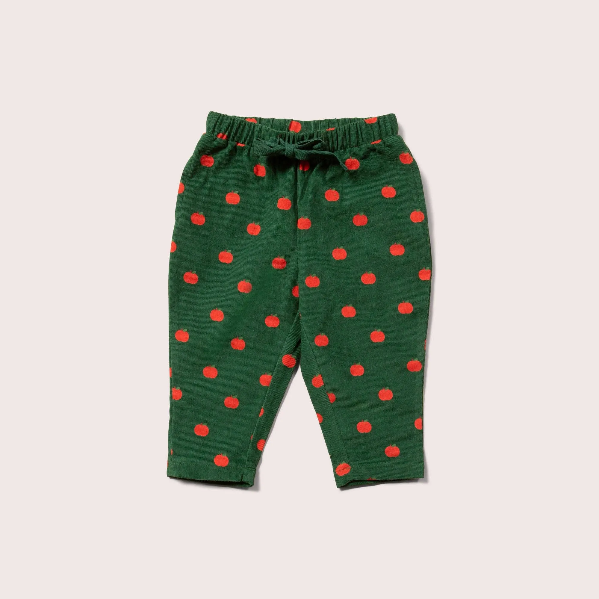 Baby and Toddler Corduroy Pull On Trousers | Green with Apple Print