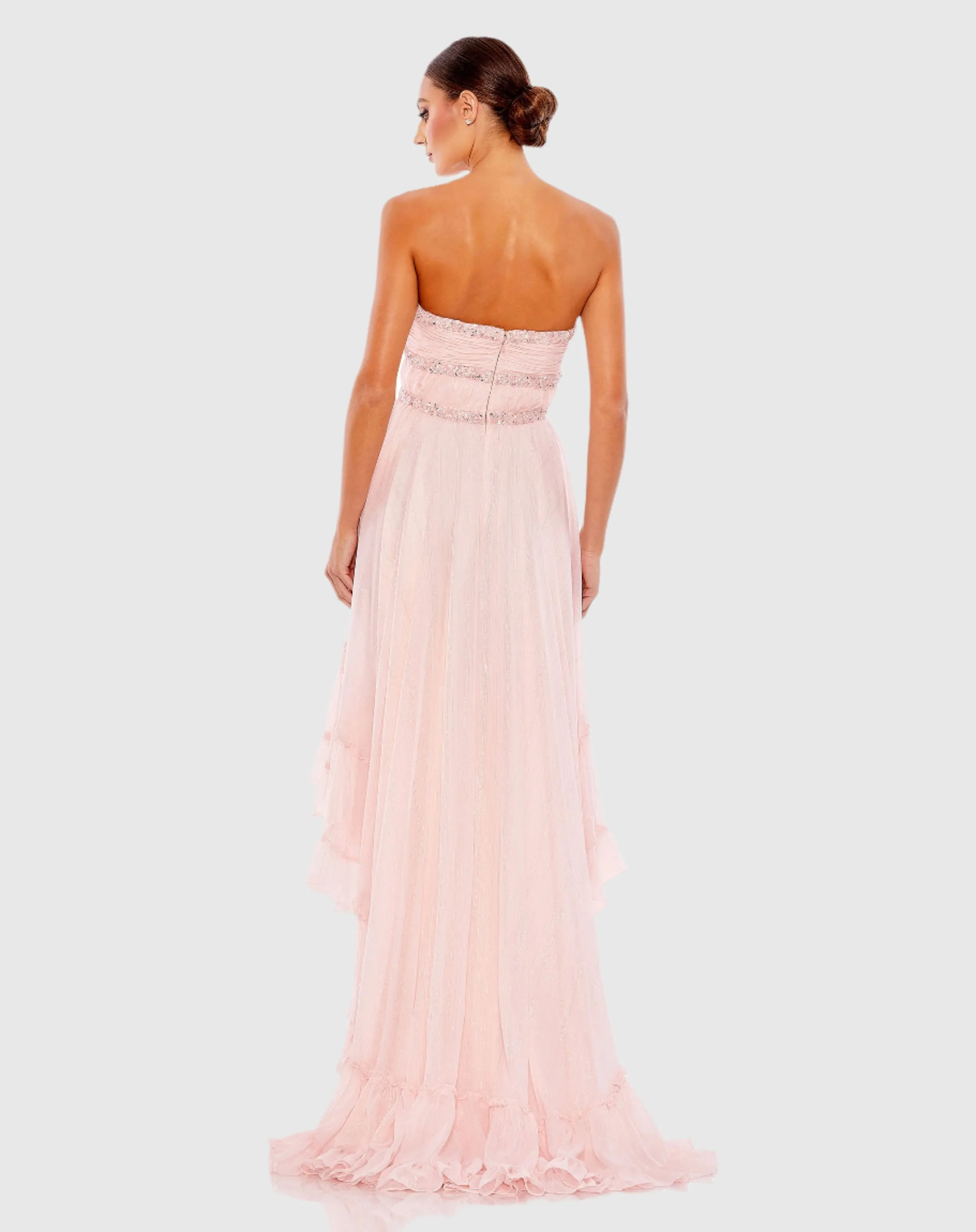 Beaded Ruffle High Low Gown