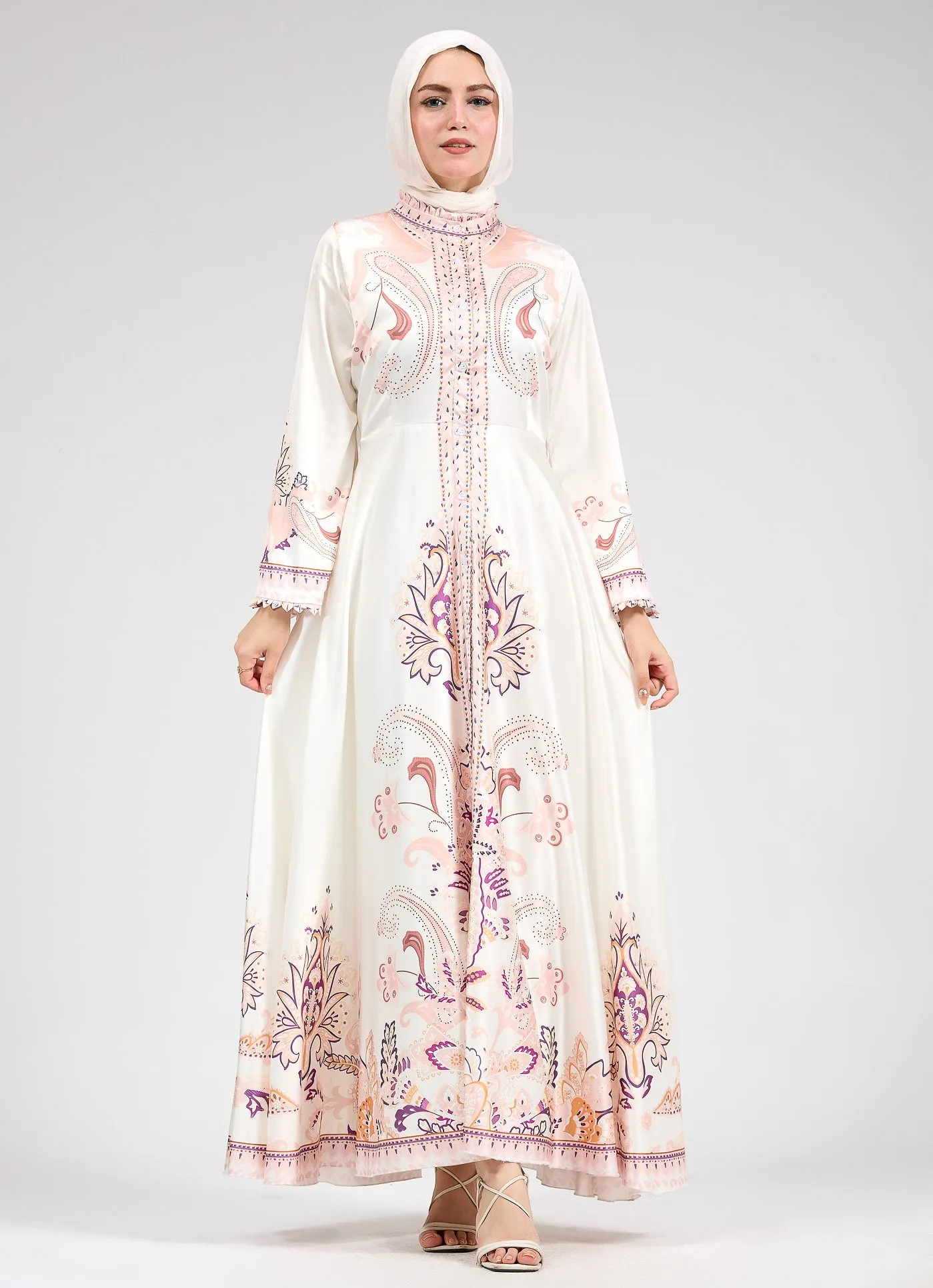 Beige Garden Women's Casual Spring Summer Boho Floral Print Dress High Neck Long Sleeve High Waist Belt Long Maxi