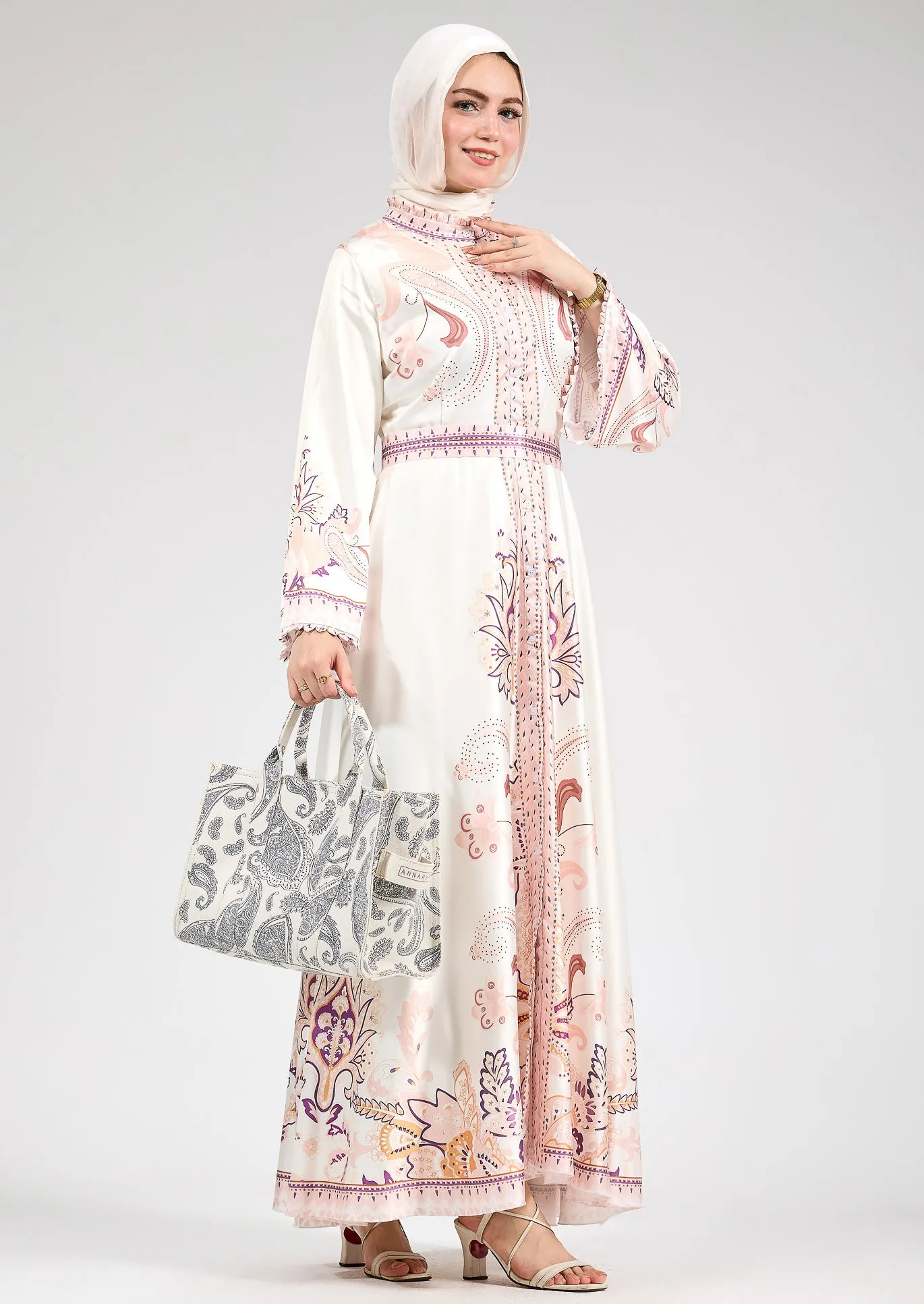 Beige Garden Women's Casual Spring Summer Boho Floral Print Dress High Neck Long Sleeve High Waist Belt Long Maxi