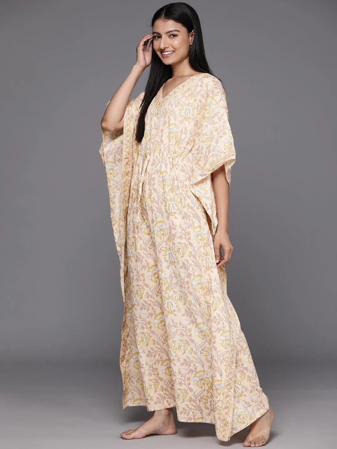 Beige Printed Cotton Night Dress