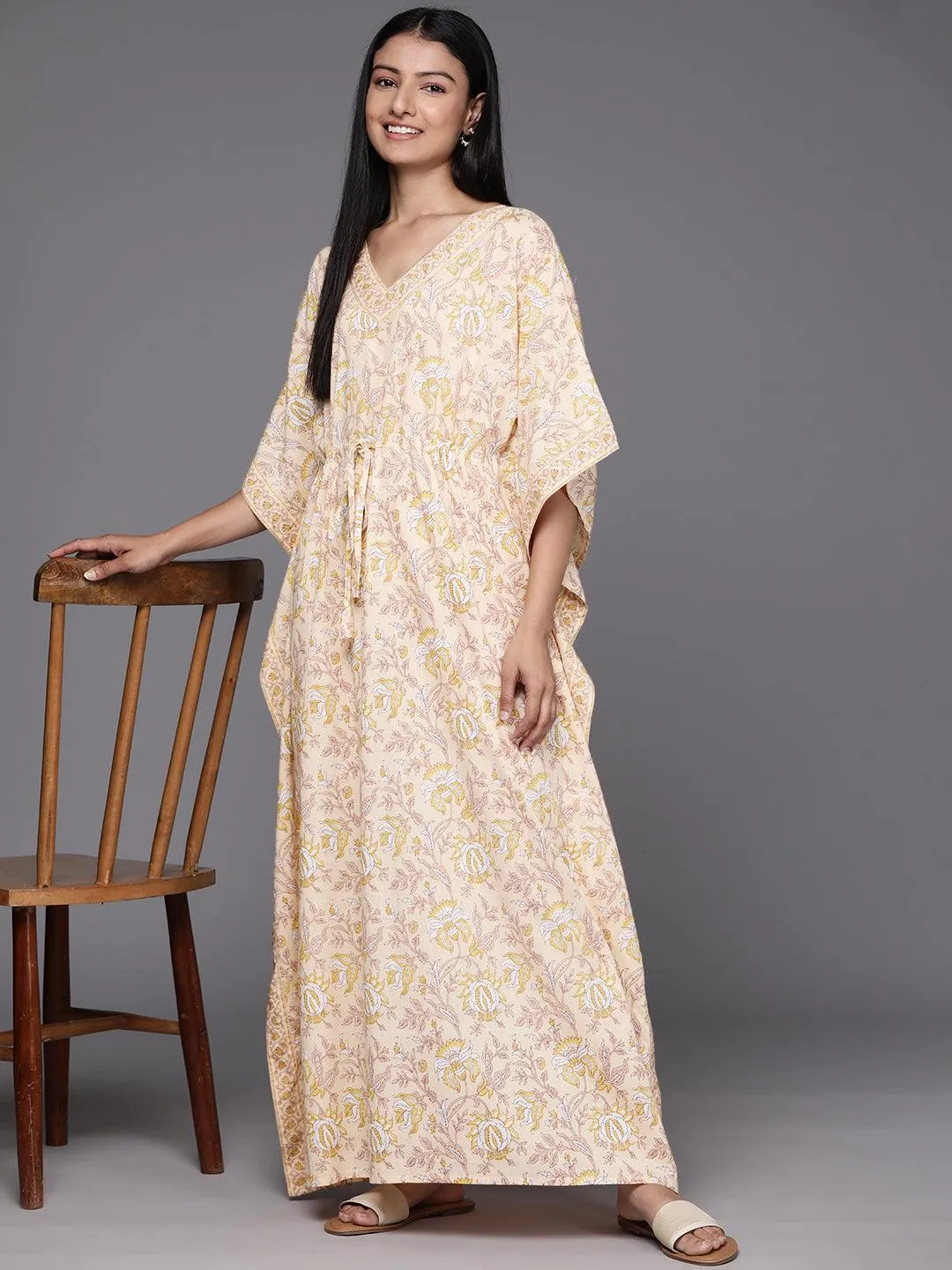 Beige Printed Cotton Night Dress