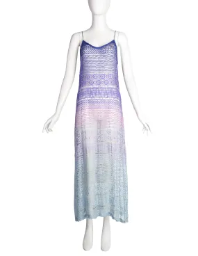 Berit Steffin Vintage 1990s Stunning Pastel Purple Blue Ombre Embroidered Net Maxi Dress