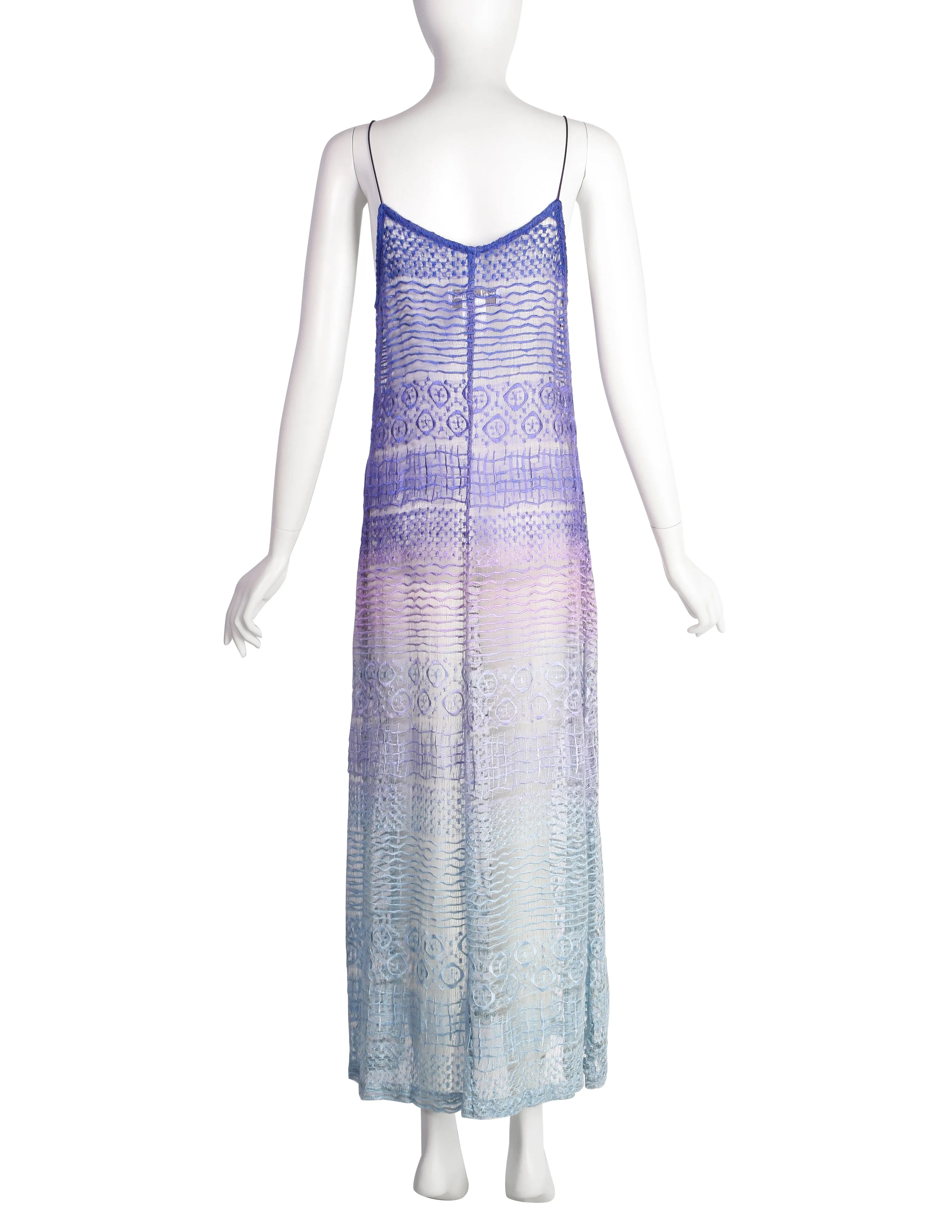 Berit Steffin Vintage 1990s Stunning Pastel Purple Blue Ombre Embroidered Net Maxi Dress