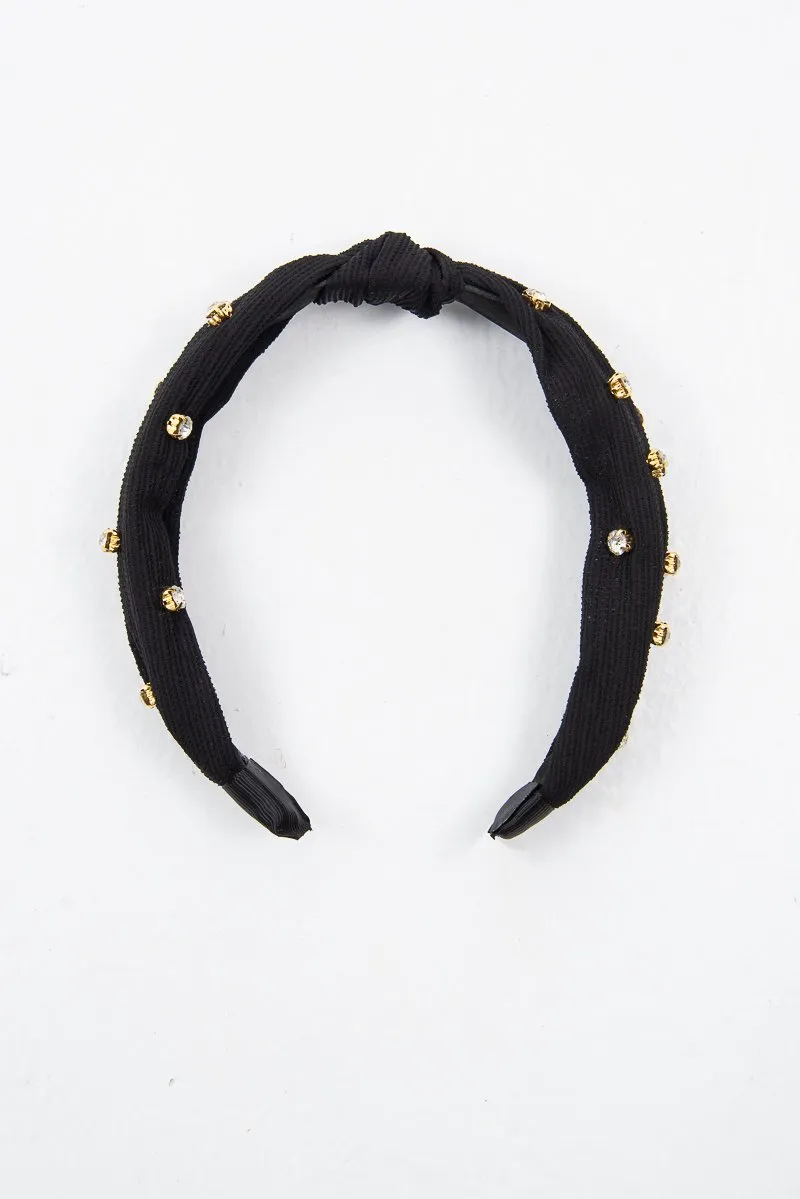 Black Corduroy Knot Detail Embellished Hairband - Teigen