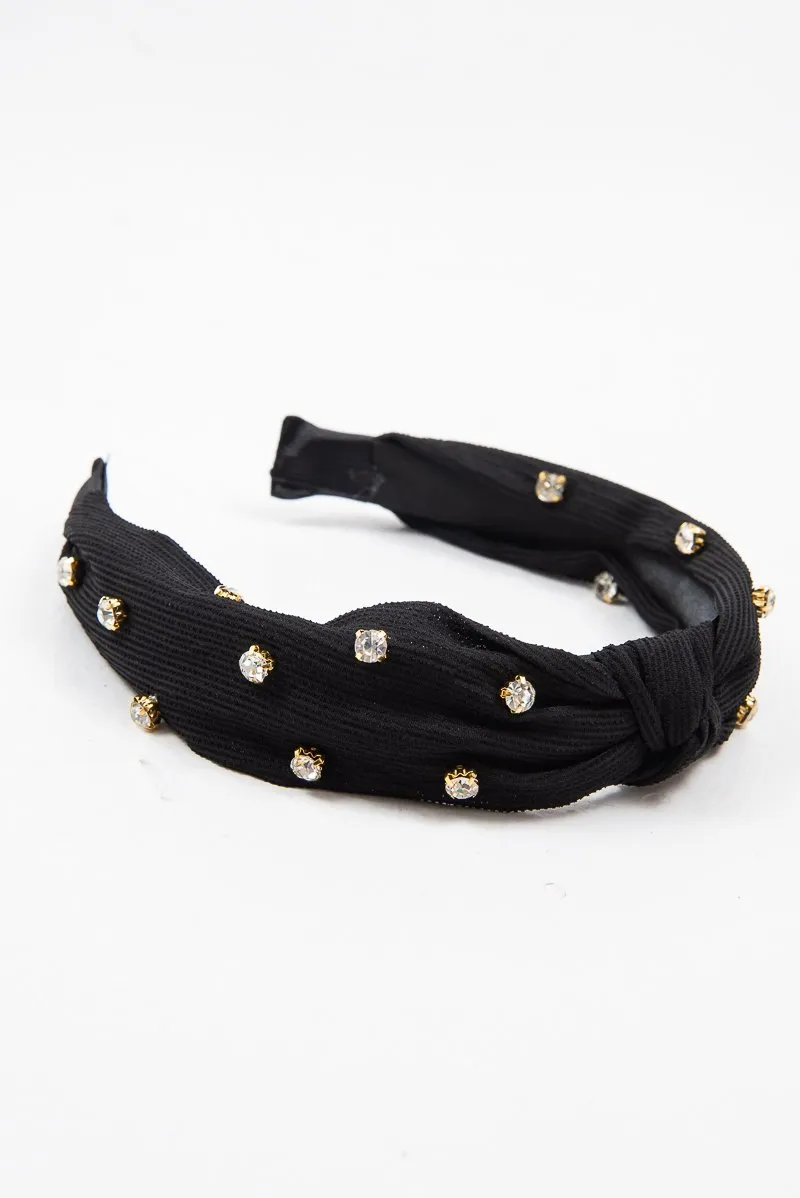 Black Corduroy Knot Detail Embellished Hairband - Teigen