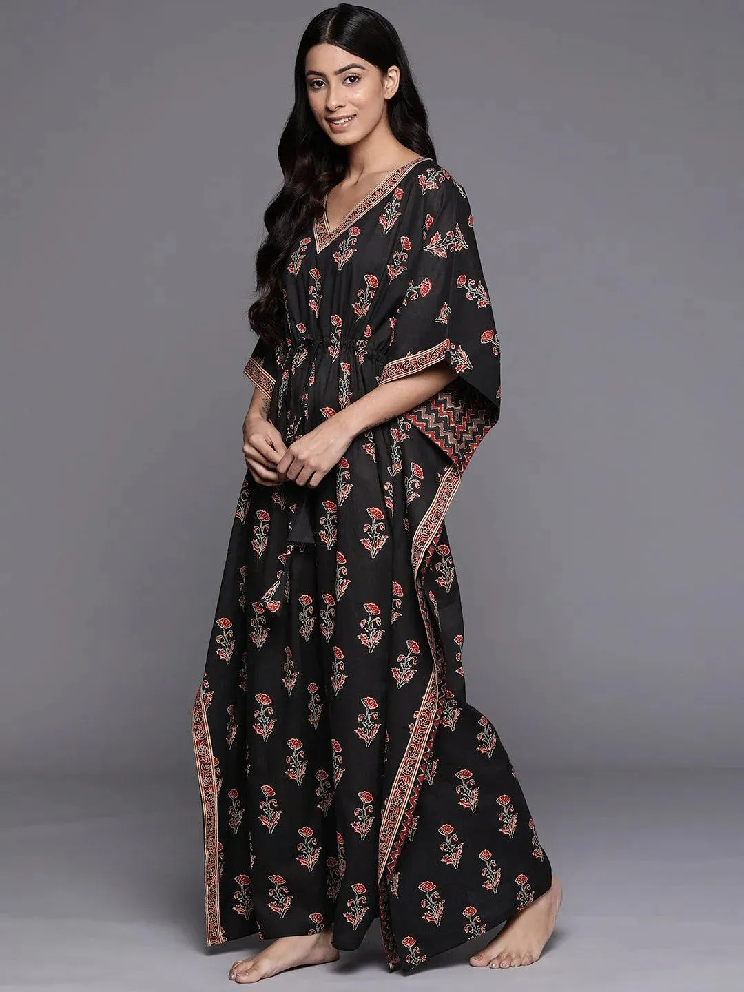 Black Printed Cotton Night Dress