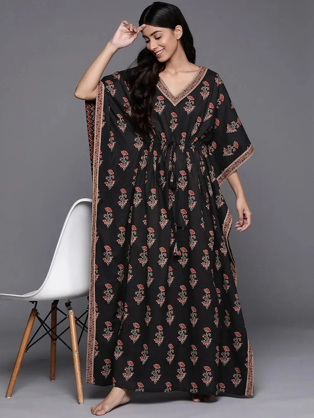 Black Printed Cotton Night Dress