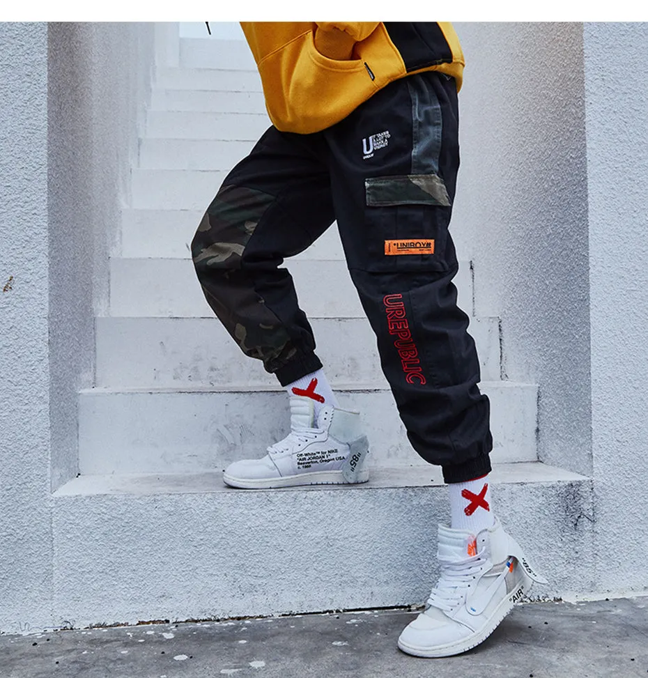 Block Patchwork Multi Pockets Cargo Streetwear Style Men Pants