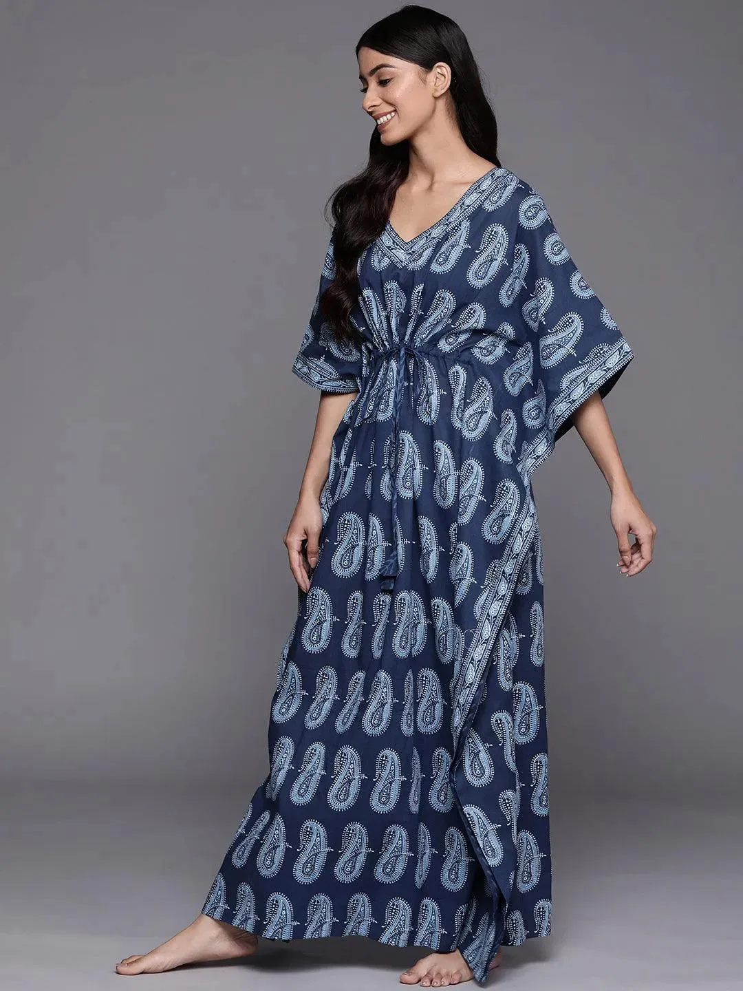 Blue Printed Cotton Night Dress