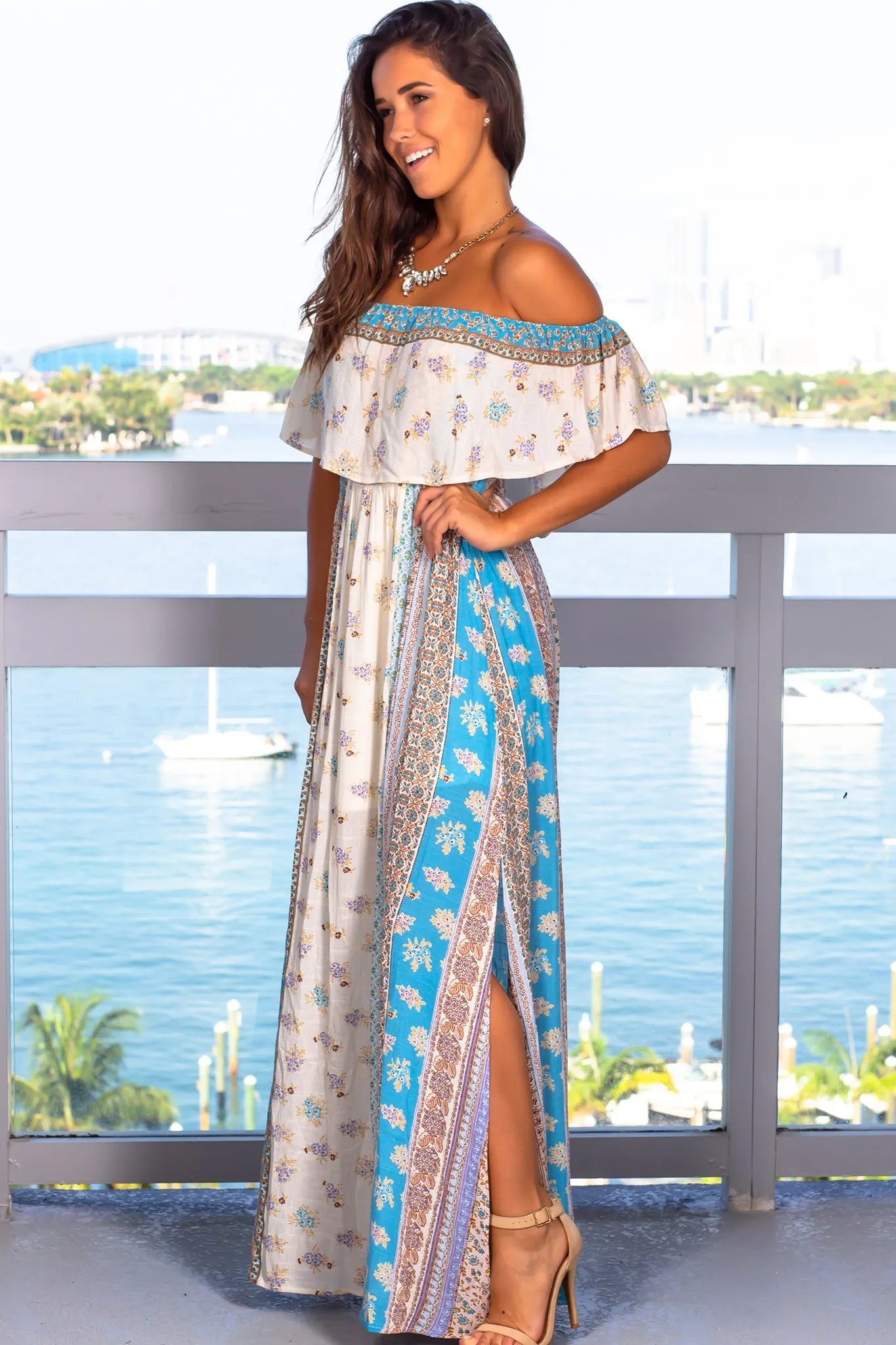 Blue Printed Strapless Maxi Dress