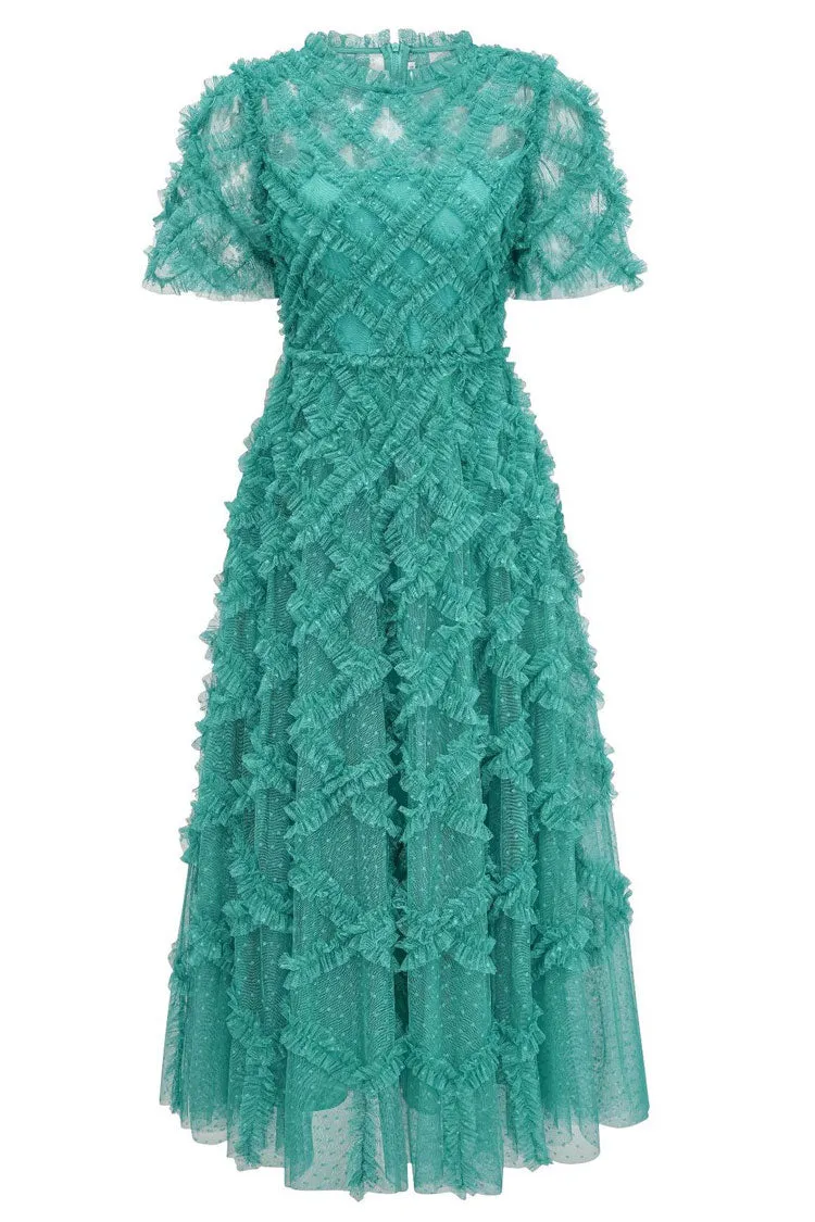 Breezy Mock Neck Polka Dot Tulle Summer Ruffled Evening Maxi Dress - Emerald Green