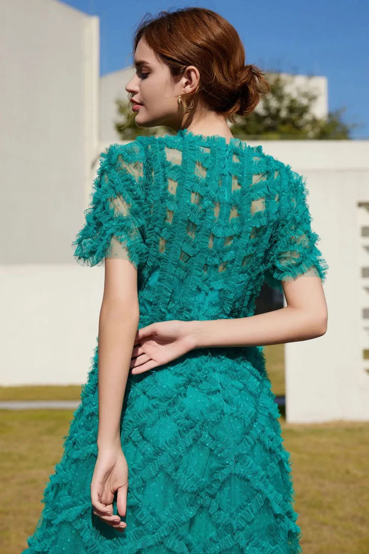 Breezy Mock Neck Polka Dot Tulle Summer Ruffled Evening Maxi Dress - Emerald Green