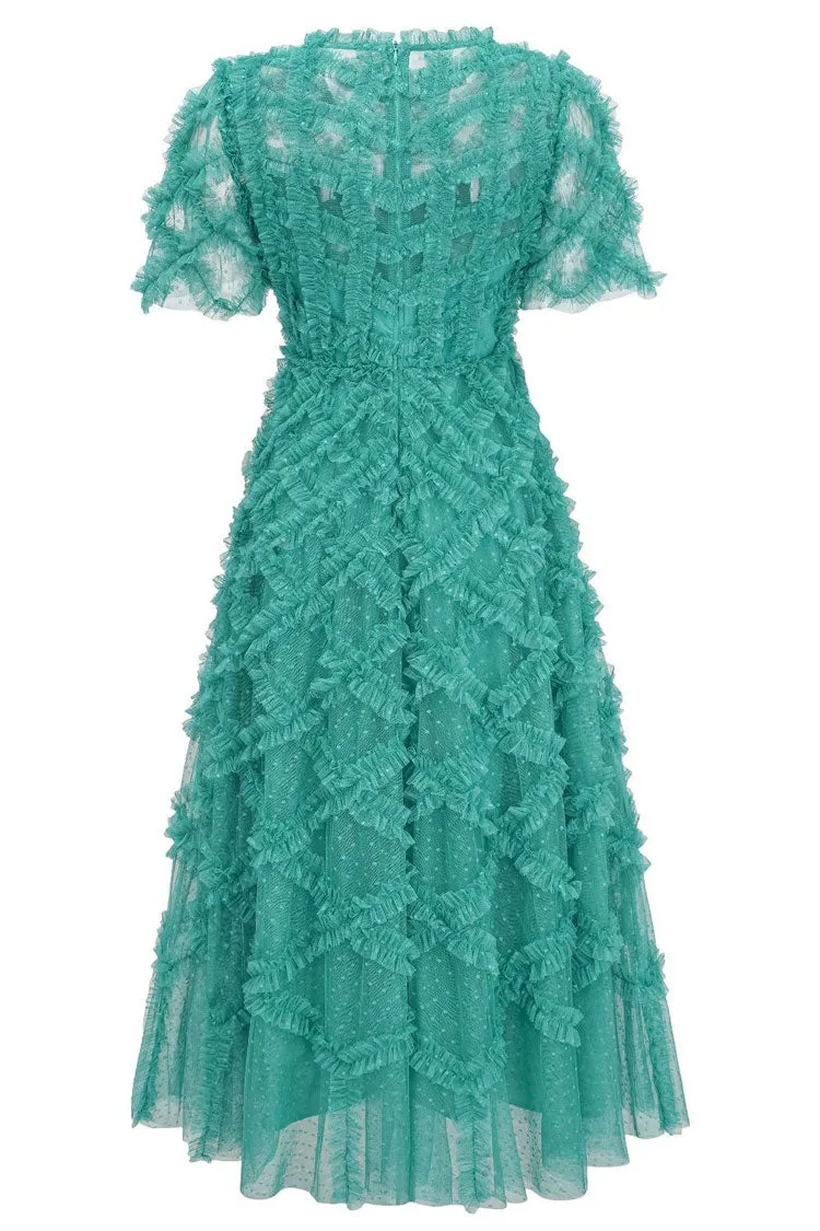 Breezy Mock Neck Polka Dot Tulle Summer Ruffled Evening Maxi Dress - Emerald Green