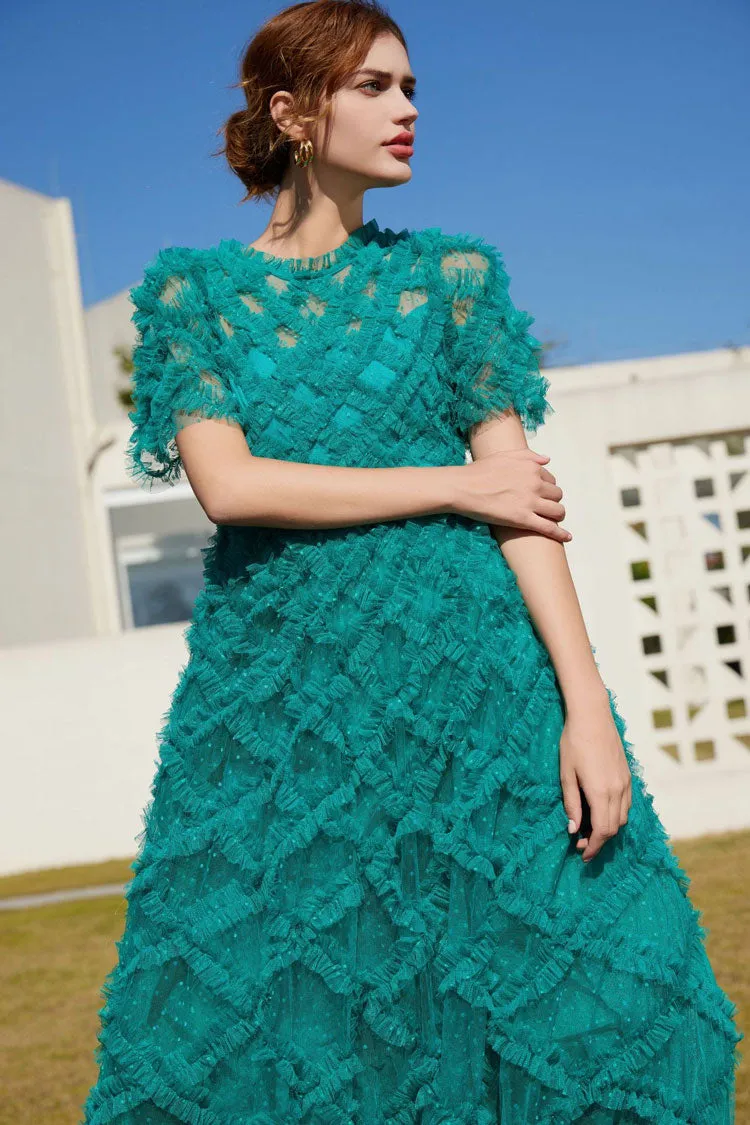 Breezy Mock Neck Polka Dot Tulle Summer Ruffled Evening Maxi Dress - Emerald Green