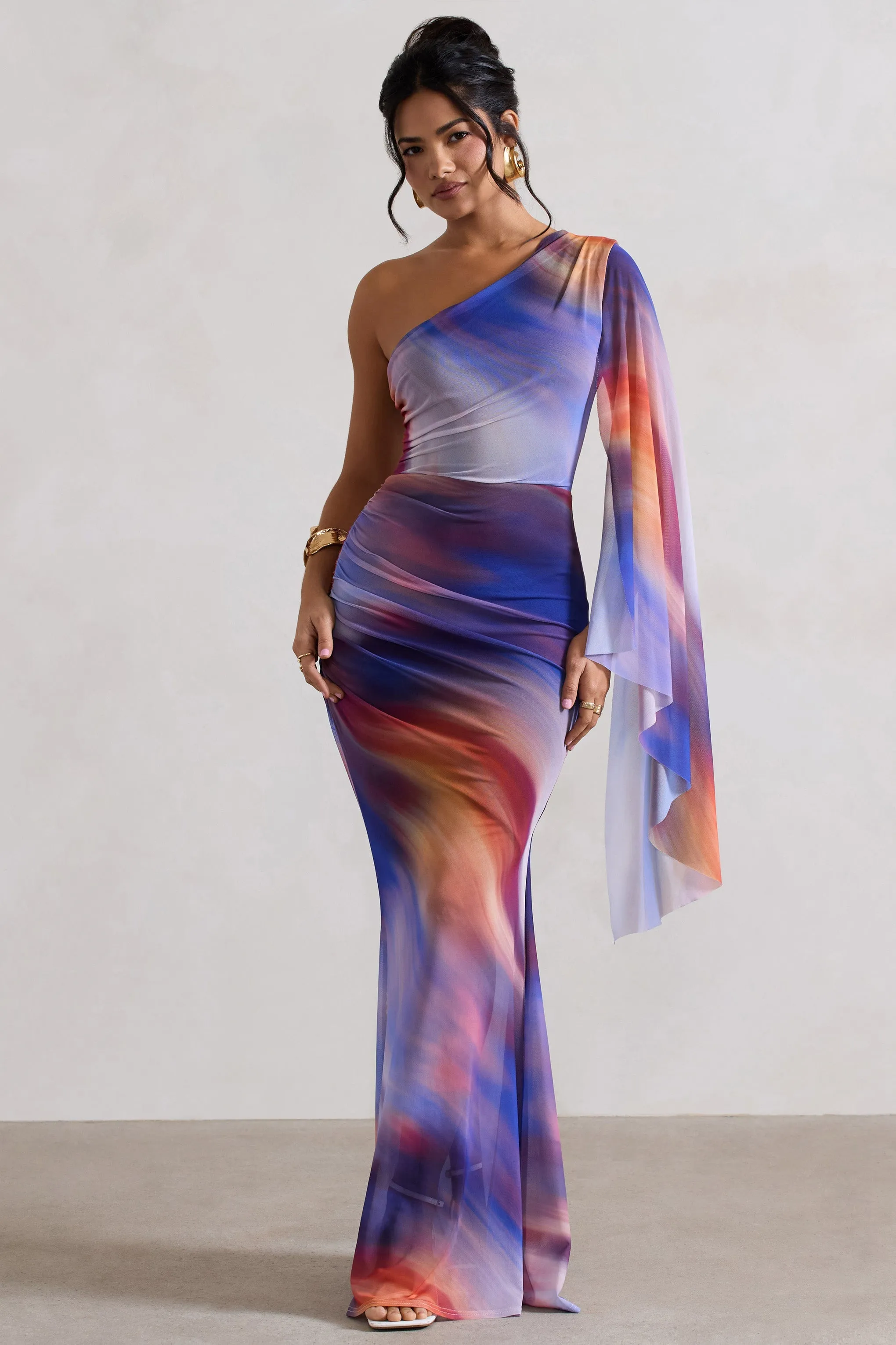 Brisa | Ombre Print Mesh Asymmetric Ruched Maxi Dress