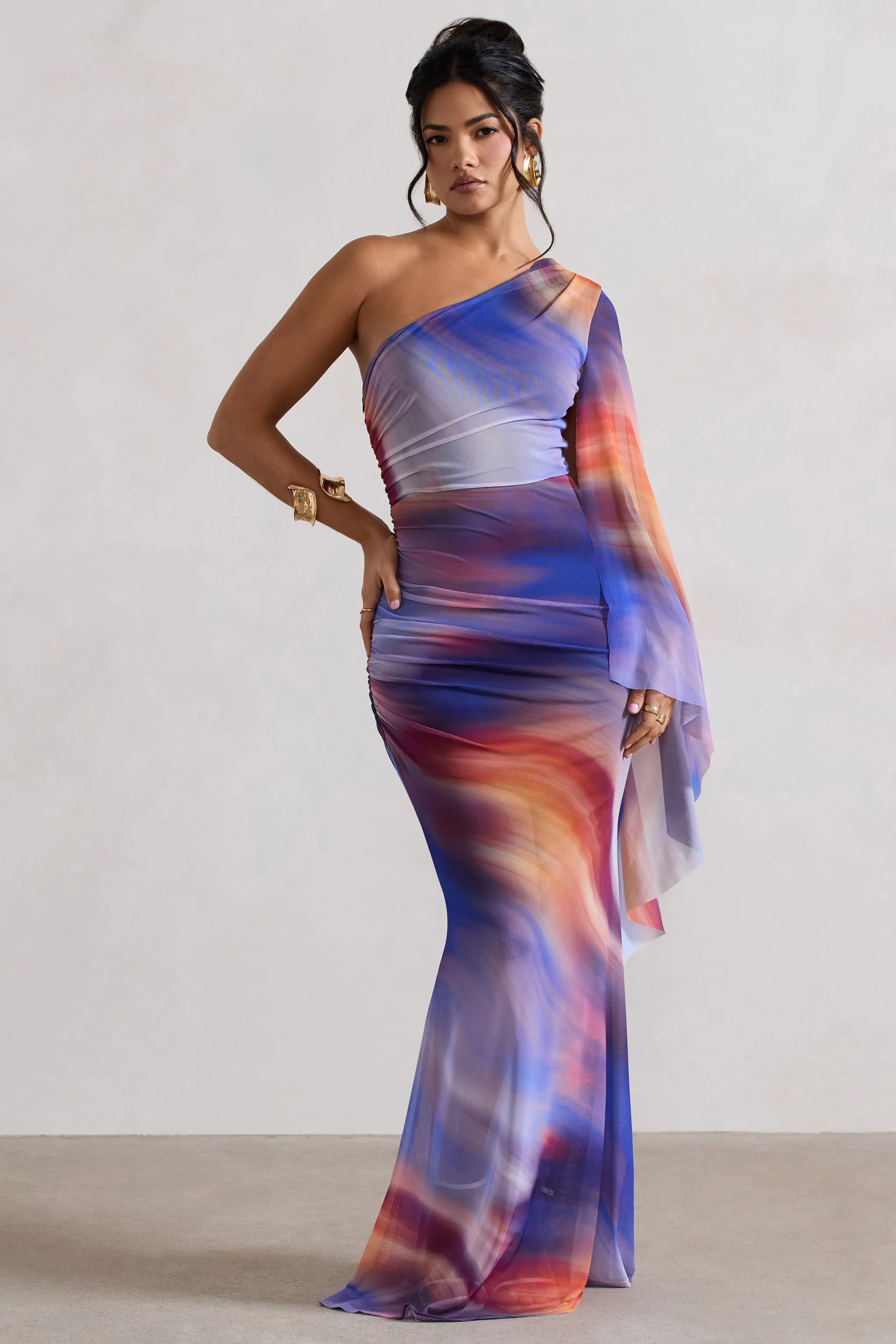 Brisa | Ombre Print Mesh Asymmetric Ruched Maxi Dress