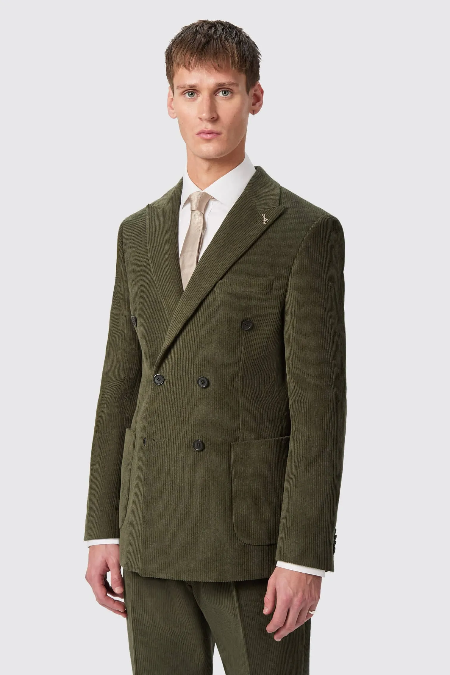 Brisbane Slim Fit Green Corduroy Double Breasted Jacket