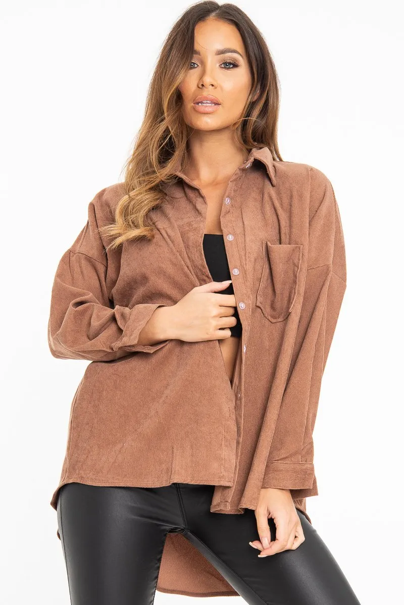 Brown Corduroy Button Front Oversized Shirt - Kyrah