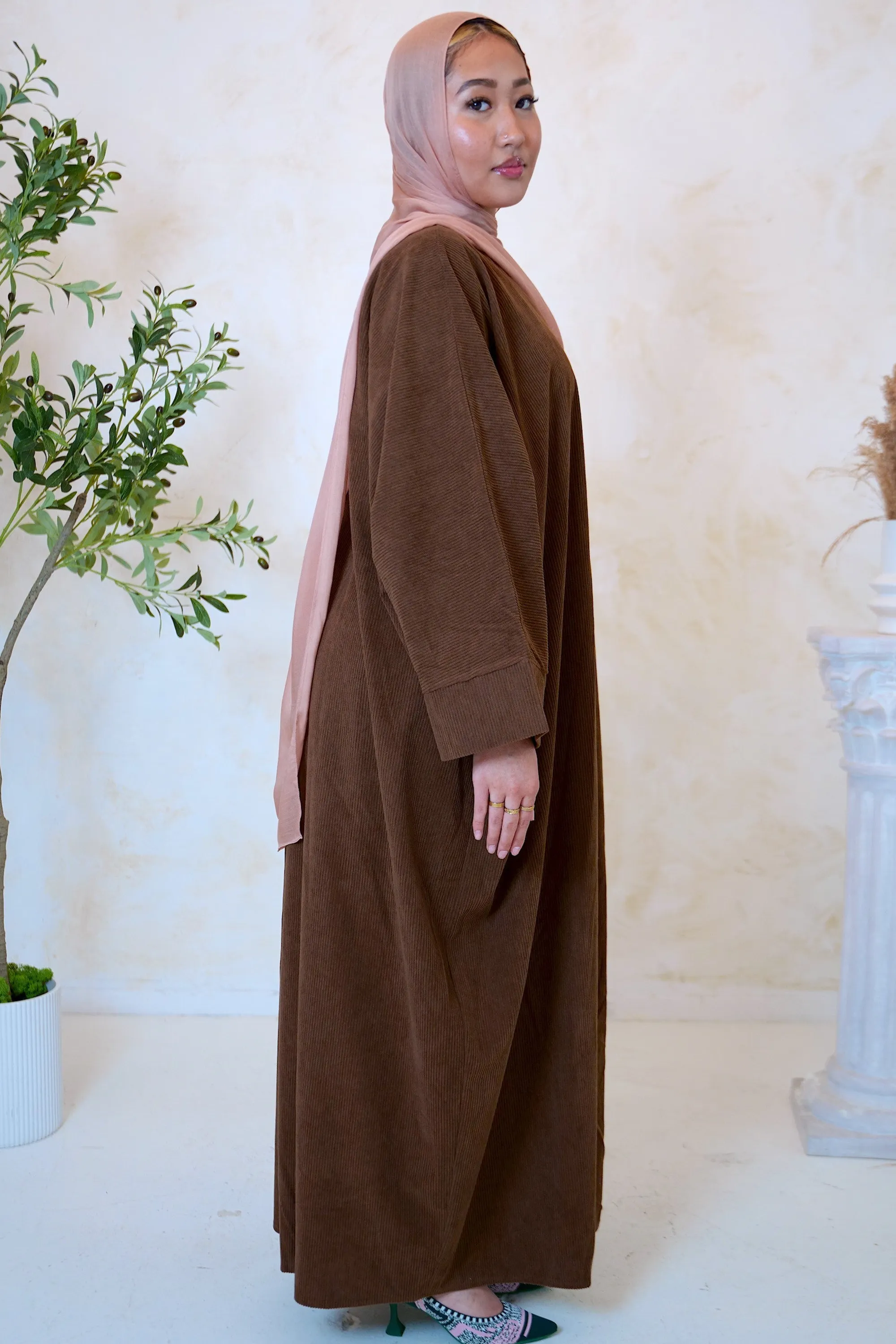 Brown Corduroy Open Front Abaya-CLEARANCE