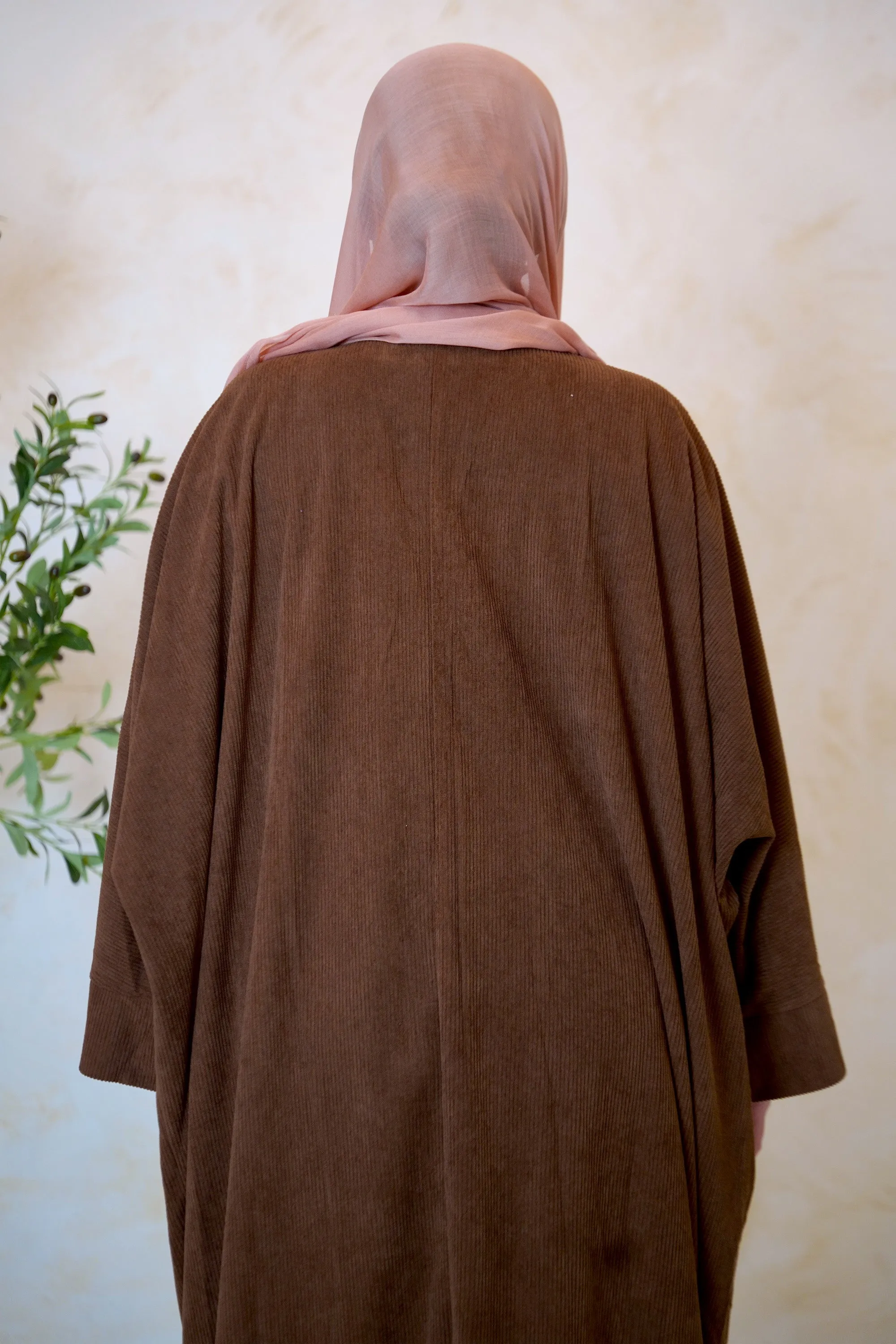 Brown Corduroy Open Front Abaya-CLEARANCE