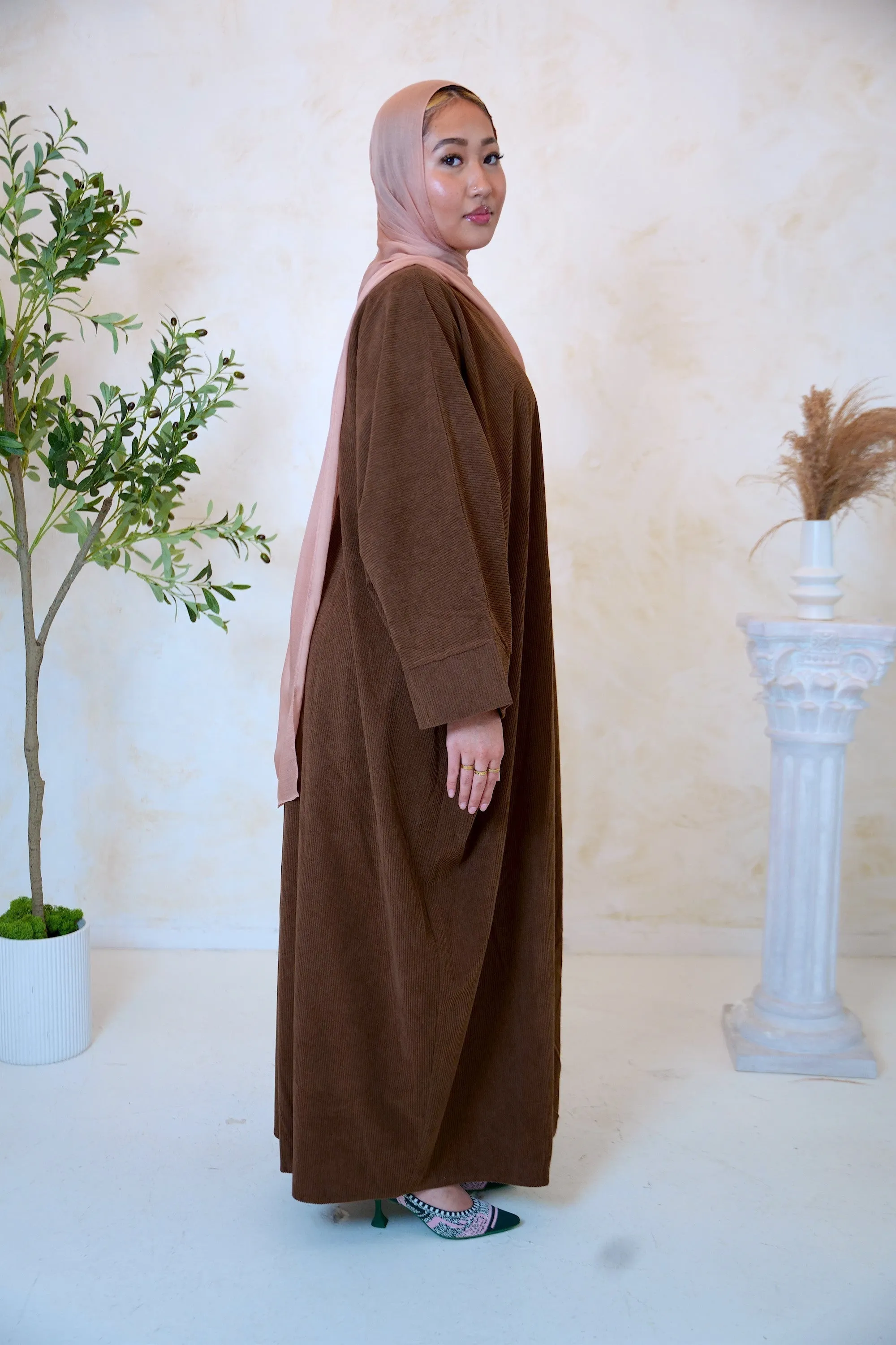 Brown Corduroy Open Front Abaya-CLEARANCE