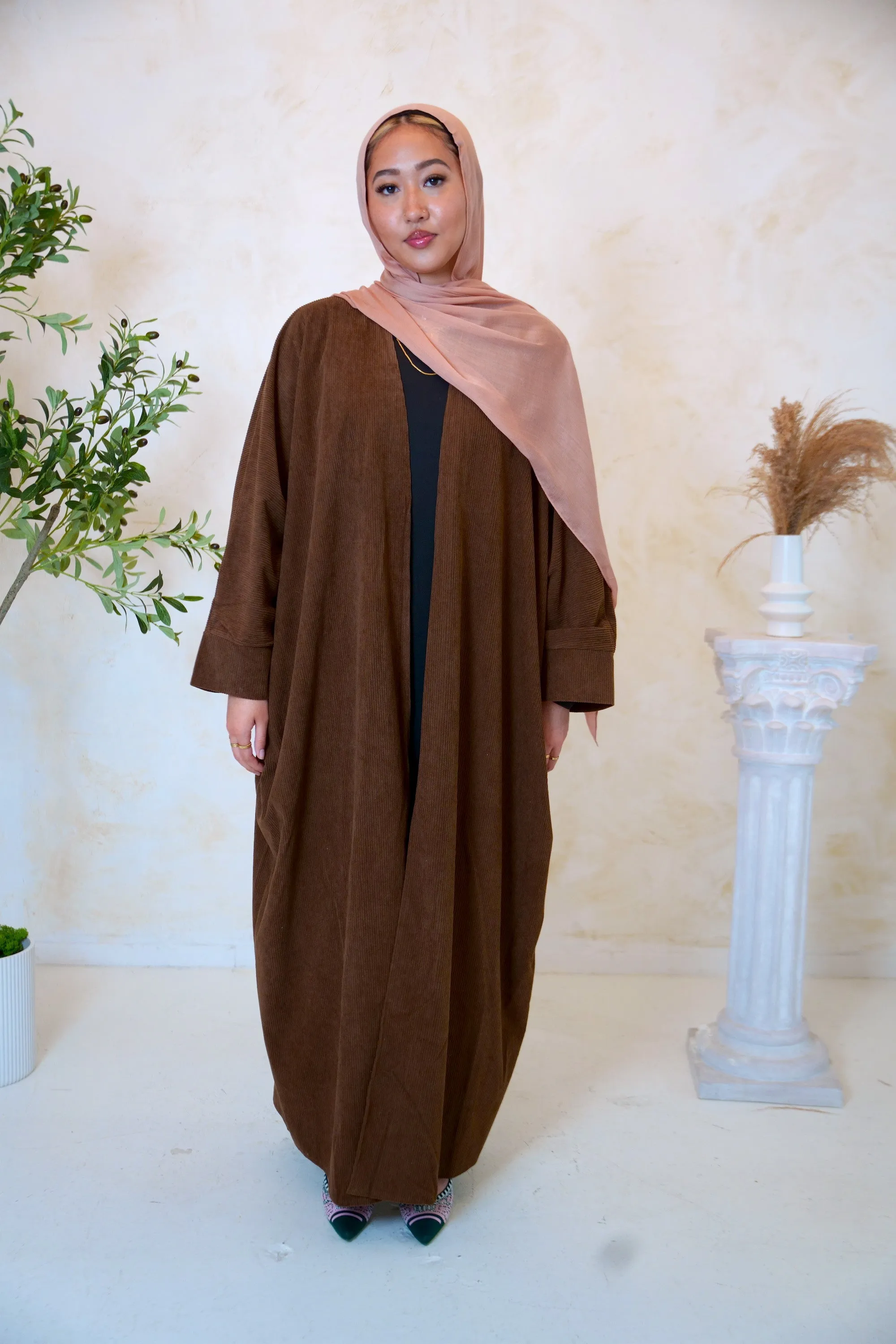 Brown Corduroy Open Front Abaya-CLEARANCE