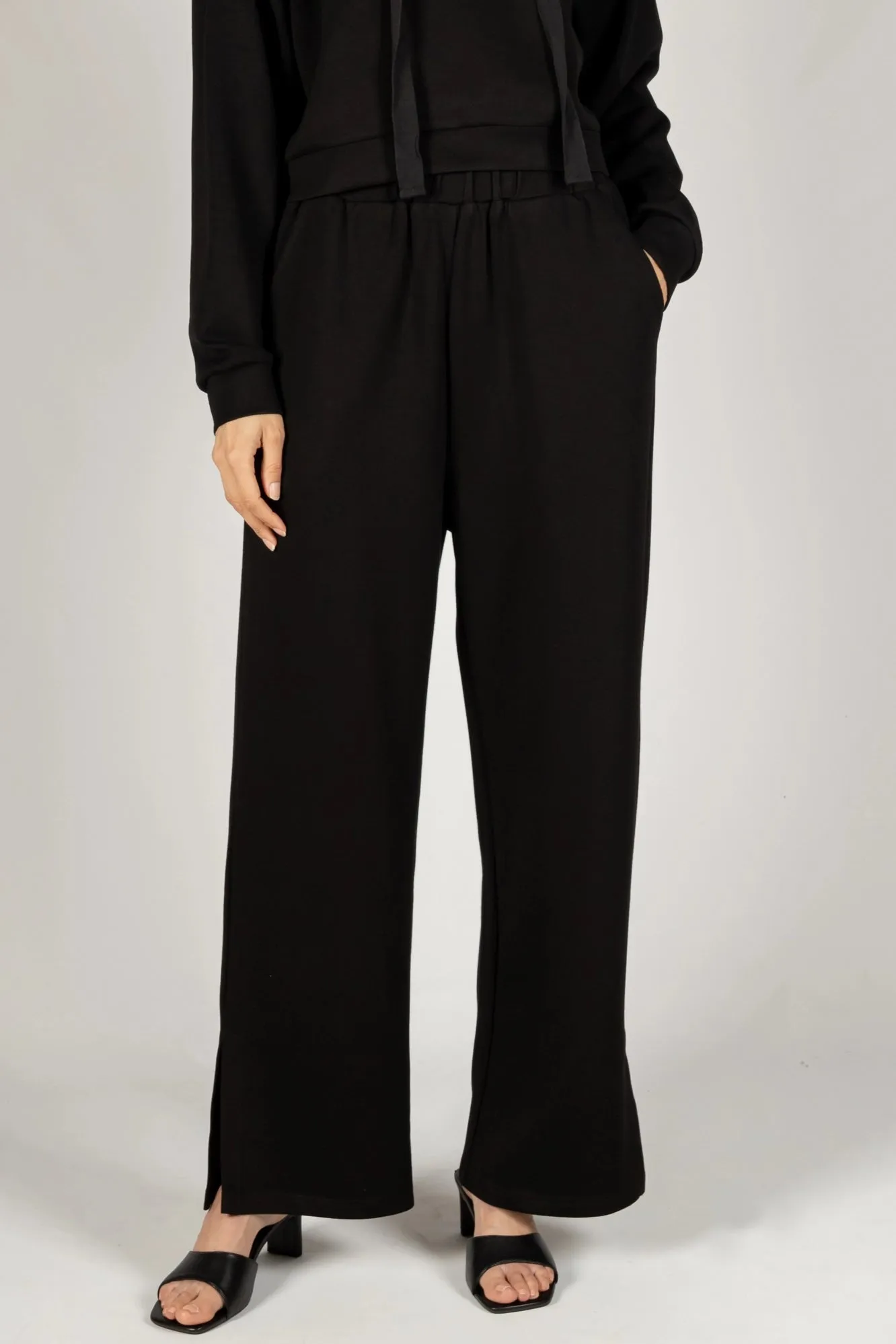 Butter Modal Wide Leg Pants with Bottom Slits - Black