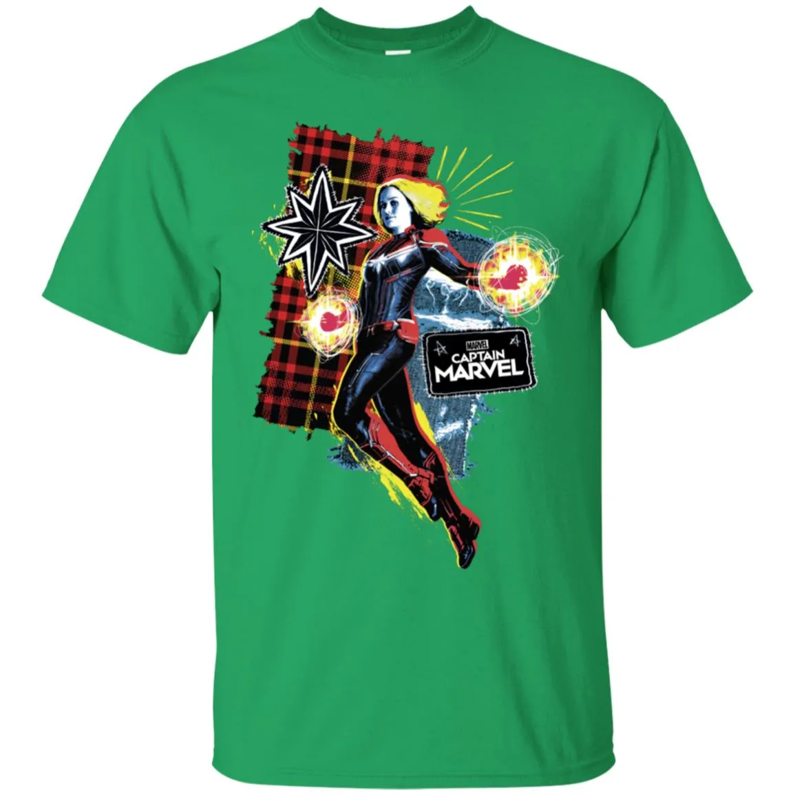 Captain Marvel Plaid Jean Patched Portrait Men Cotton T-Shirt