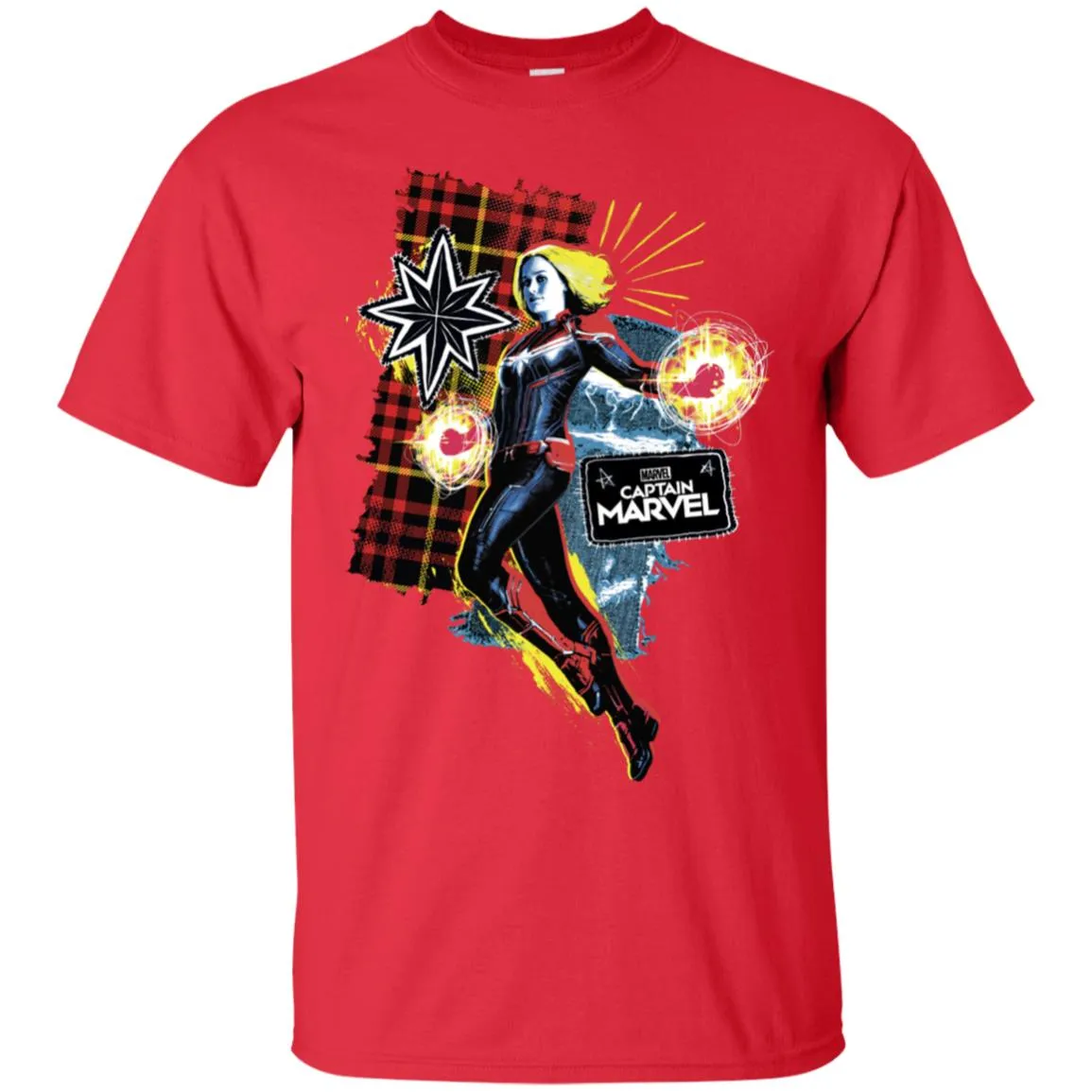 Captain Marvel Plaid Jean Patched Portrait Men Cotton T-Shirt