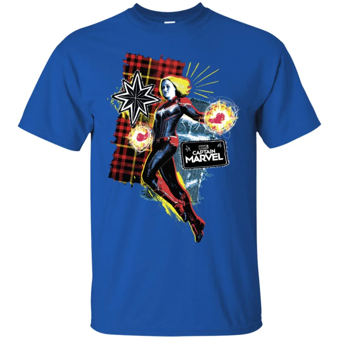 Captain Marvel Plaid Jean Patched Portrait Men Cotton T-Shirt