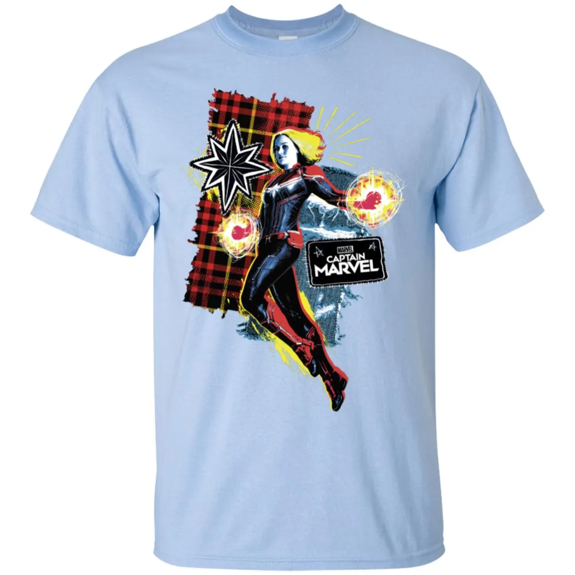 Captain Marvel Plaid Jean Patched Portrait Men Cotton T-Shirt