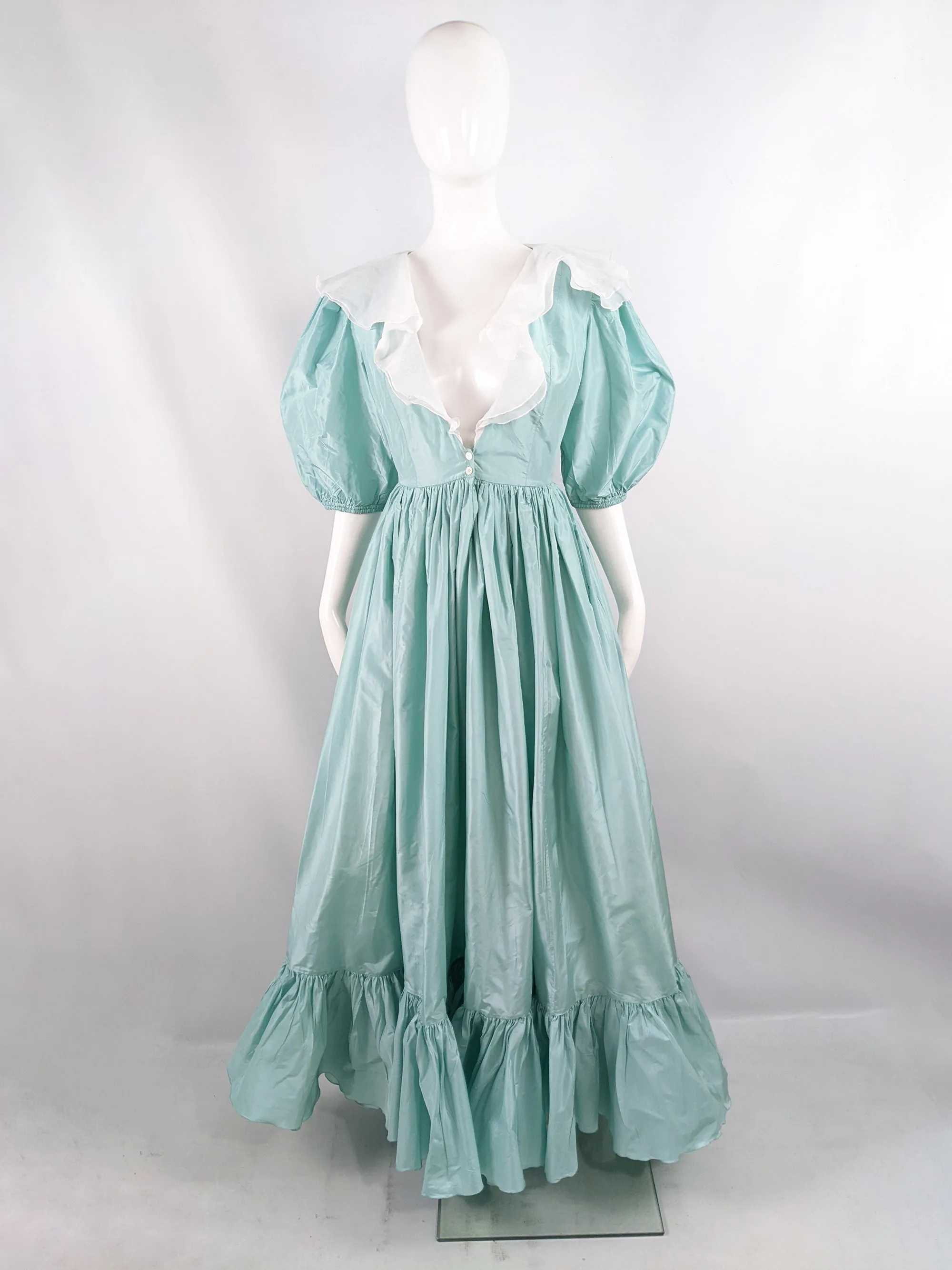 Catherine Walker Mint Taffeta Puff Sleeve Evening Dress, 1980s