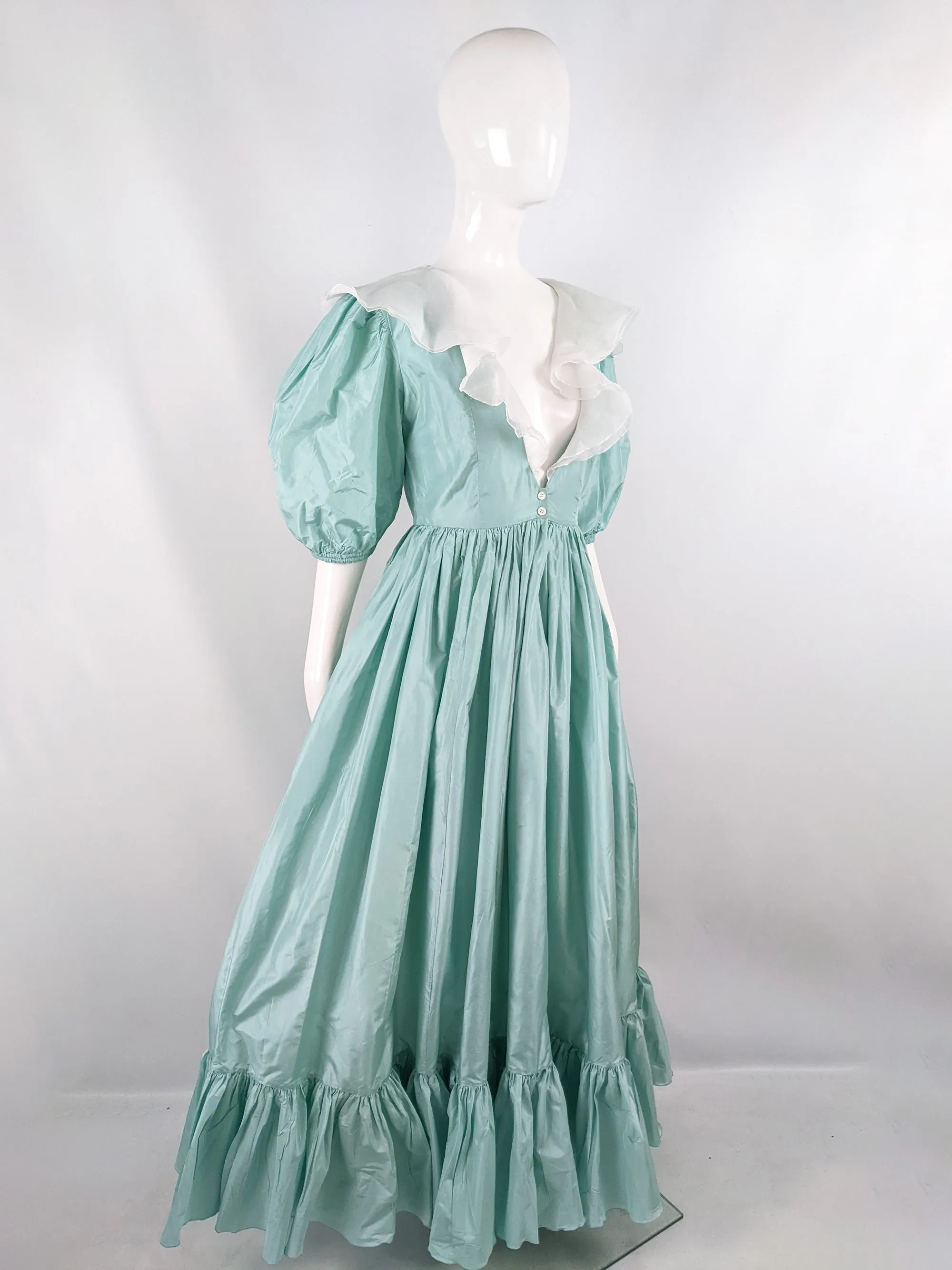 Catherine Walker Mint Taffeta Puff Sleeve Evening Dress, 1980s