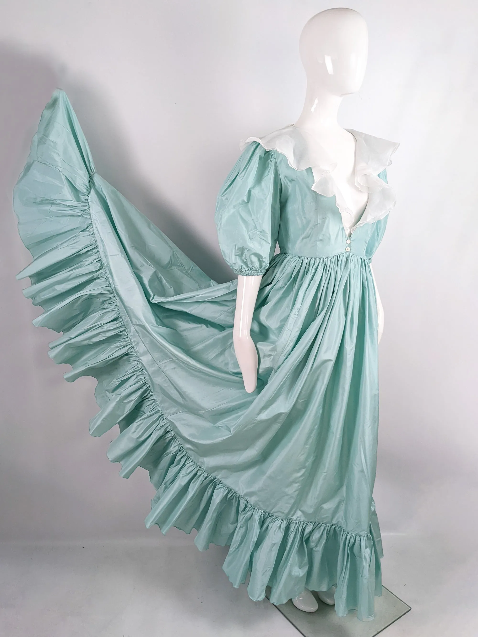 Catherine Walker Mint Taffeta Puff Sleeve Evening Dress, 1980s