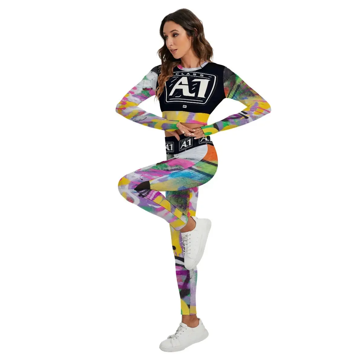 ClassA1 Graffiti Women's Sport Set With Backless Top And Leggings