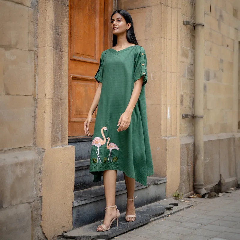 Cotton A-Line Dress for Women | Green | Hand Embroidered