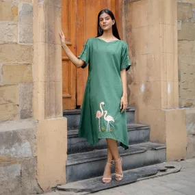 Cotton A-Line Dress for Women | Green | Hand Embroidered