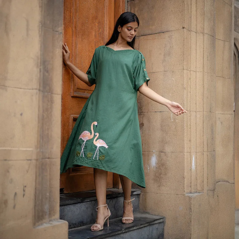 Cotton A-Line Dress for Women | Green | Hand Embroidered